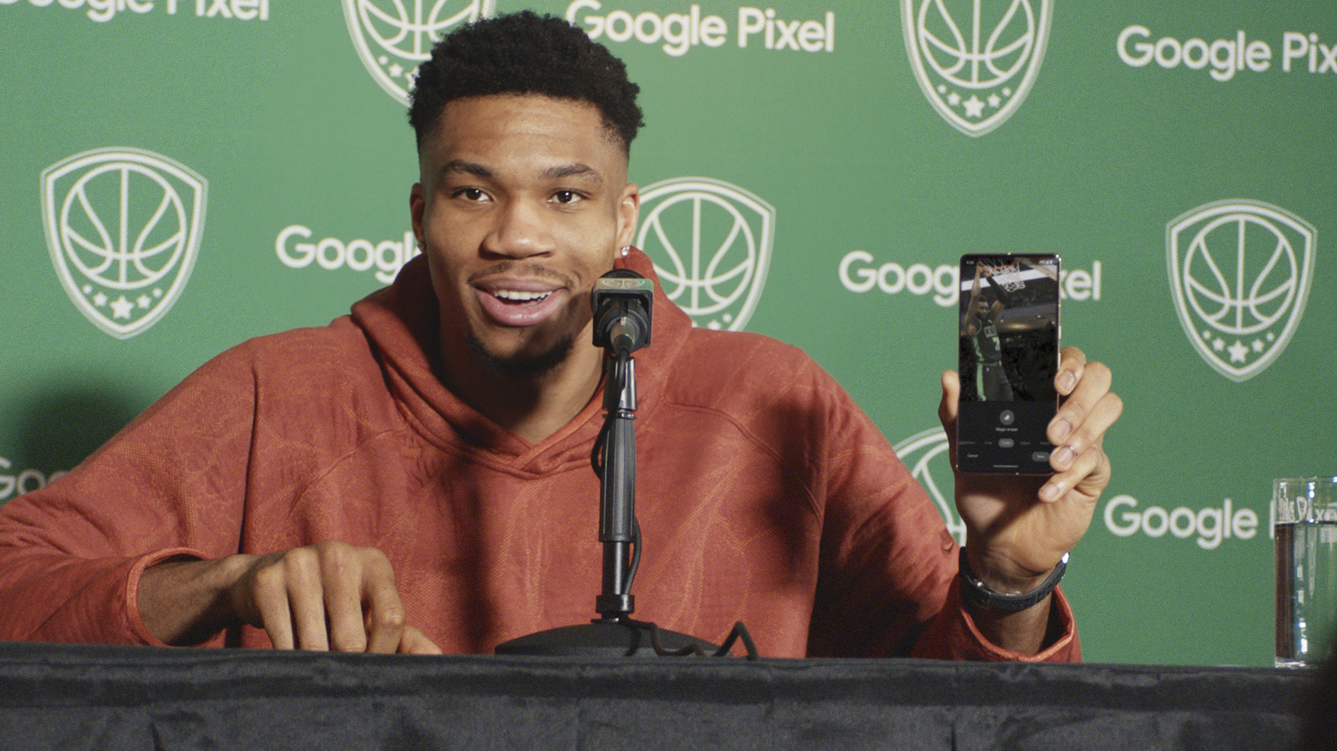 This photo provided by Google shows Giannis Antetokounmpo in a scene from Google's 2023 Super Bowl NFL football spot. 