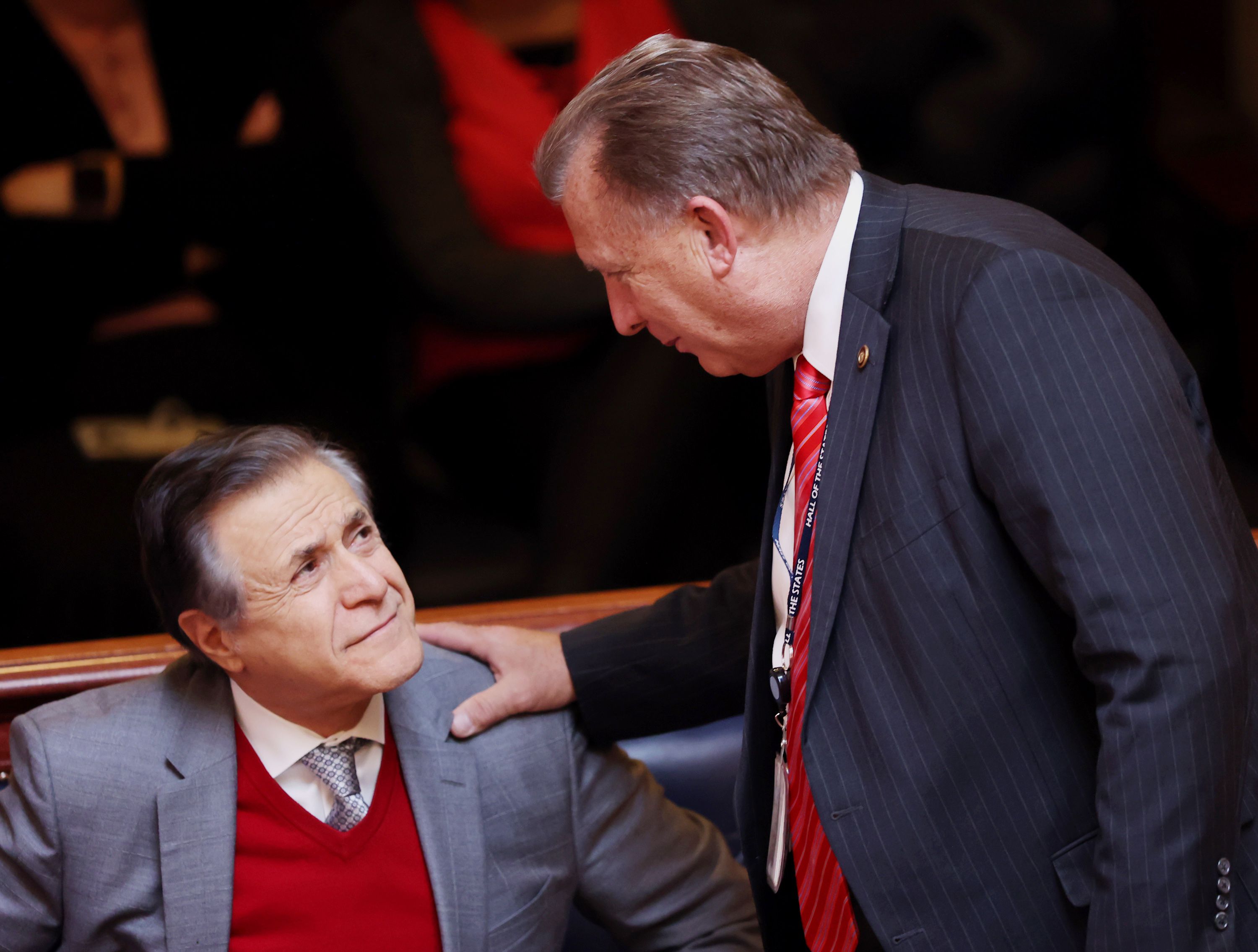 Sen. Curtis Bramble, R-Provo, talks with Utah businessman Khosrow Semnani prior to speaking about a concurrent resolution promoting kindness in Utah, at the Capitol in Salt Lake City on Tuesday.