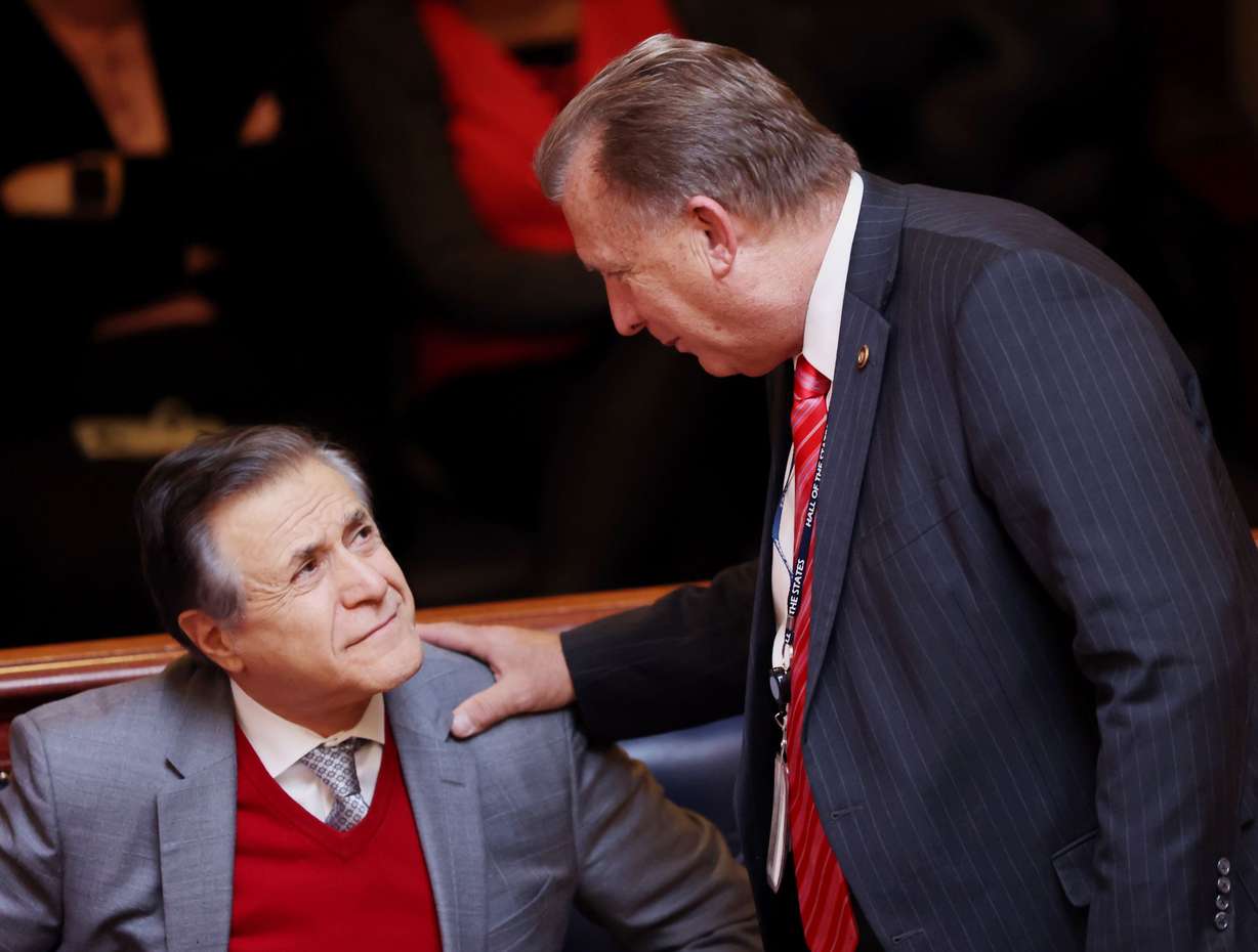 Sen. Curtis Bramble, R-Provo, talks with Utah businessman Khosrow Semnani prior to speaking about a concurrent resolution promoting kindness in Utah, at the Capitol in Salt Lake City on Tuesday.