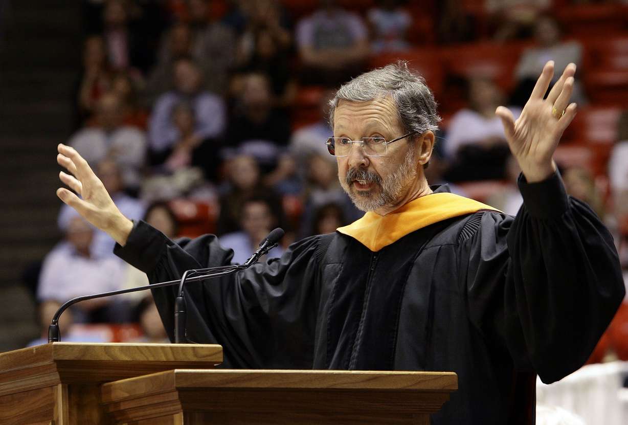 Dr. Ed Catmull, president of Walt Disney and Pixar Animations Studios, delivers the commencement address during commencement exercises at the Huntsman Center at the University of Utah on May 4, 2012.