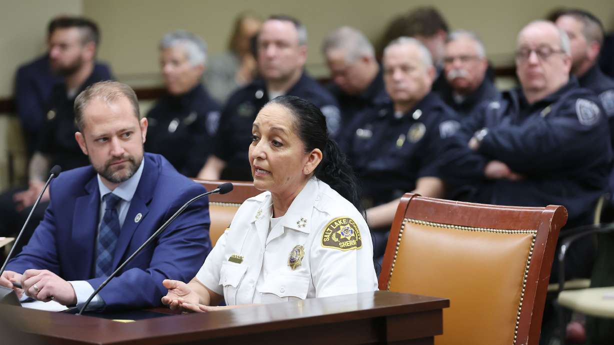 Salt Lake County Sheriff Rosie Rivera speaks to HB374 regarding county sheriffs amendments as Rep. Jordan Teuscher, R-South Jordan, the bill's sponsor, listens during the House Law Enforcement and Criminal Justice Committee at the Capitol in Salt Lake City on Wednesday.