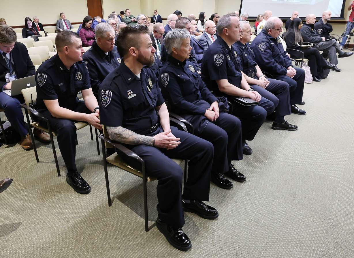Law enforcement listen to HB374 regarding county sheriffs ammendments during the House Law Enforcement and Criminal Justice Committee at the Capitol in Salt Lake City on Wednesday.