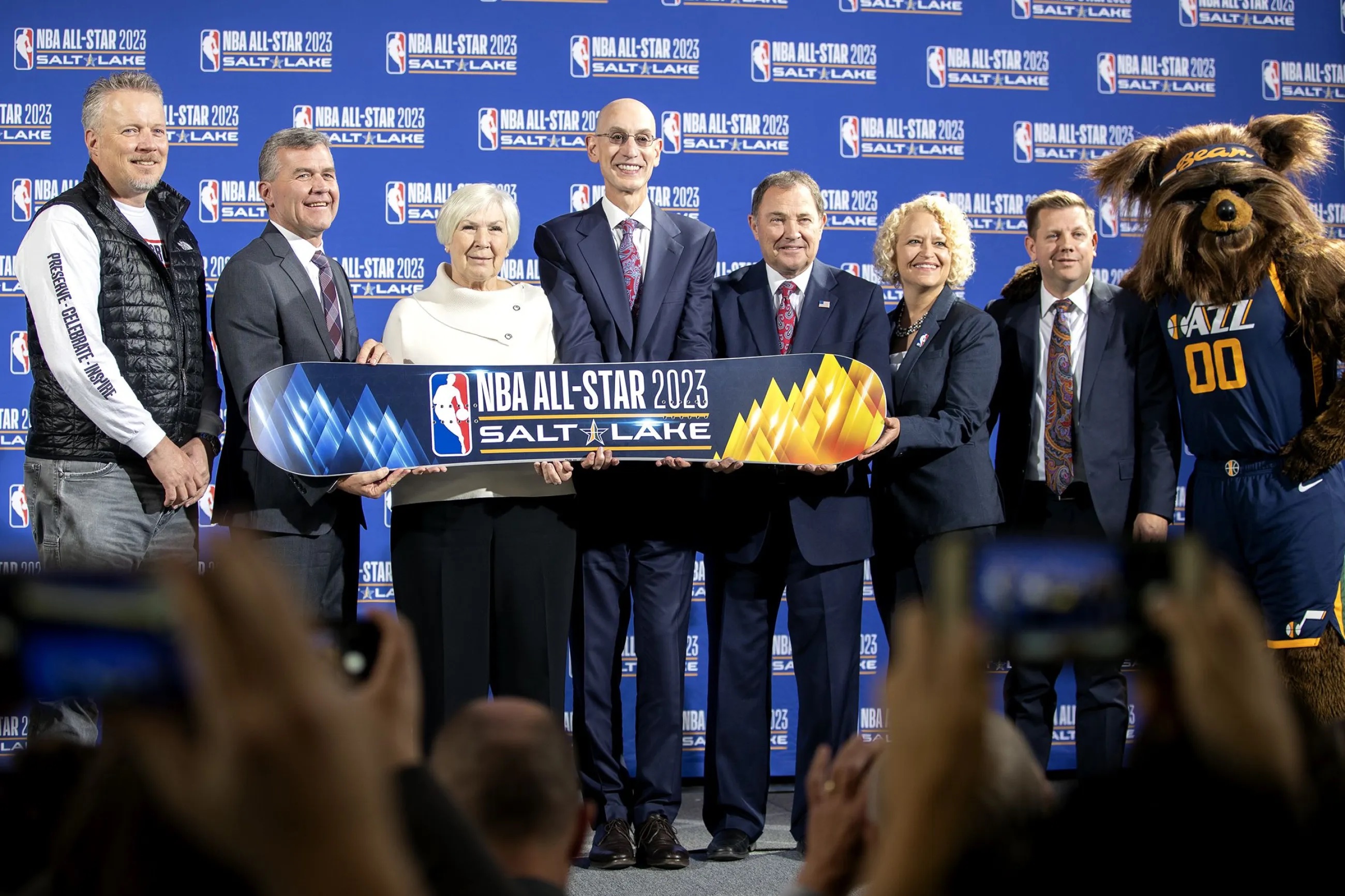 Greg Miller, Jim Olson with Larry H. Miller Sports and Entertainment, Utah Jazz owner Gail Miller, NBA commissioner Adam Silver, Utah Gov. Gary R. Herbert, Salt Lake City Mayor Jackie Biskupski, CEO of Larry H. Miller companies Steve Starks, and Bear pose for photos following the announcement that the 2023 NBA All-Star Game would be held at Vivint Arena in Salt Lake City on Oct. 23, 2019.