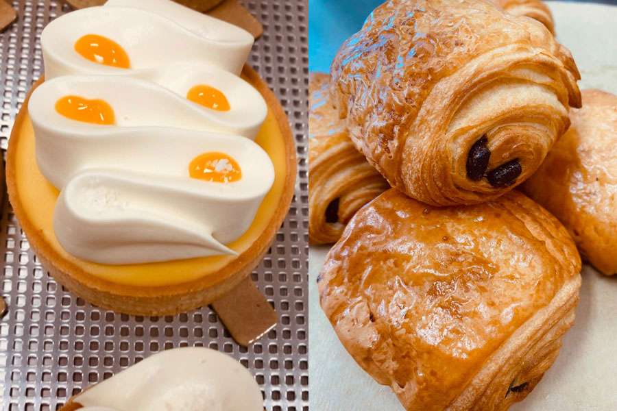 Mango coconut tarts (left) and chocolate croissants are among the baked delicacies at a Malad, Idaho bakery run by a Utah State graduate.