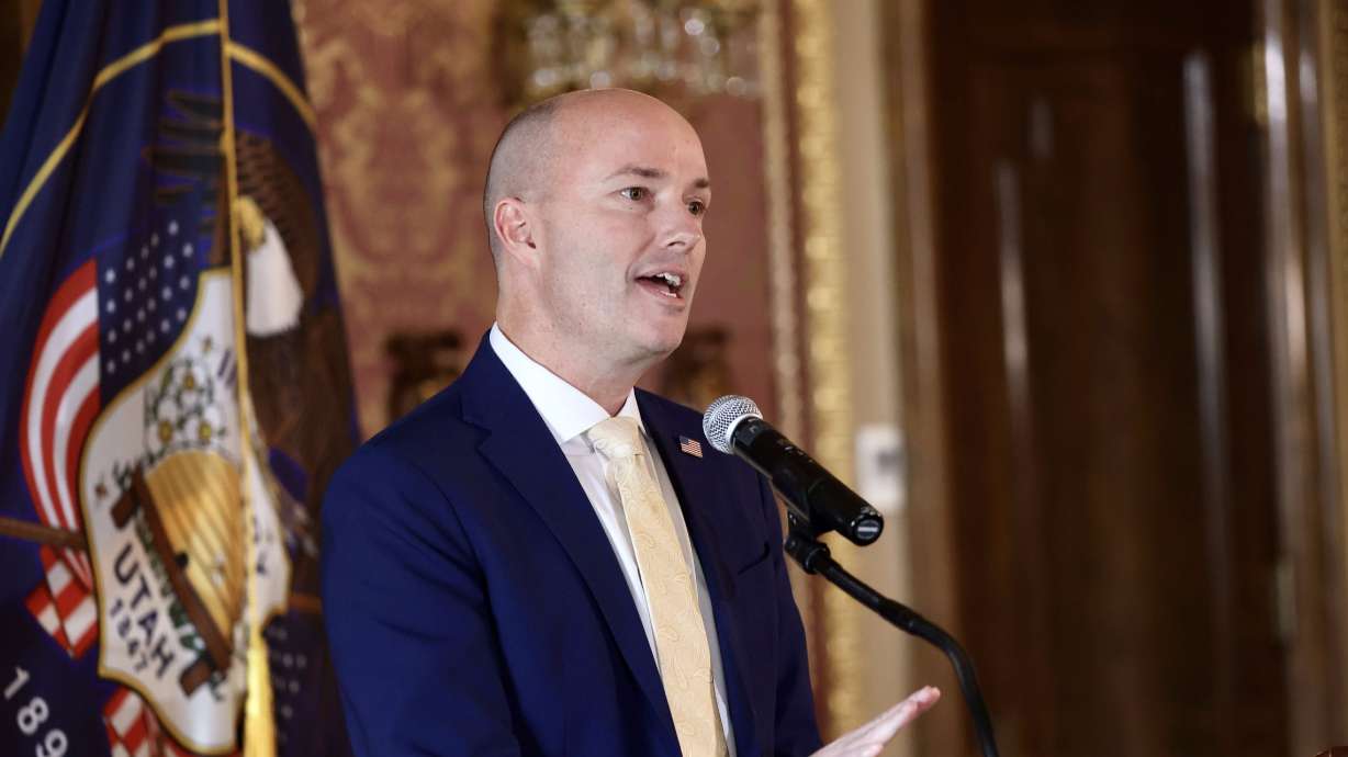 Gov. Spencer Cox speaks in the Gold Room at the Capitol on Wednesday, announcing a significant investment by Texas Instruments of its microchip fabrication plant in Lehi.