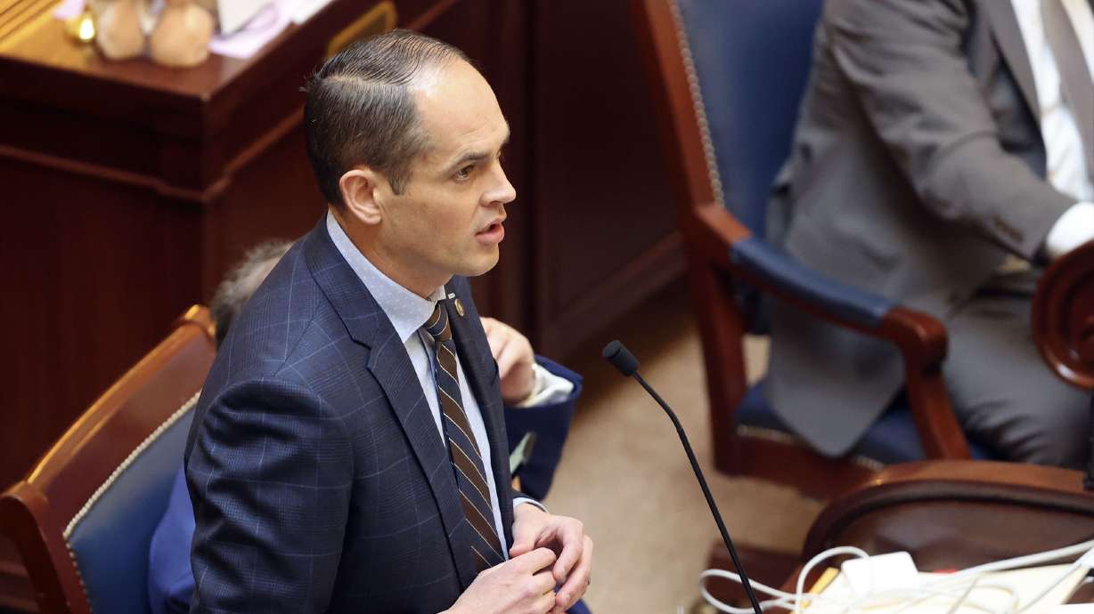 Sen. Mike McKell, R-Spanish Fork, speaks at the Capitol in Salt Lake City on March 2, 2022. McKell is proposing a bill that would require social media companies to verify the ages of users, but without requiring government-issued IDs.