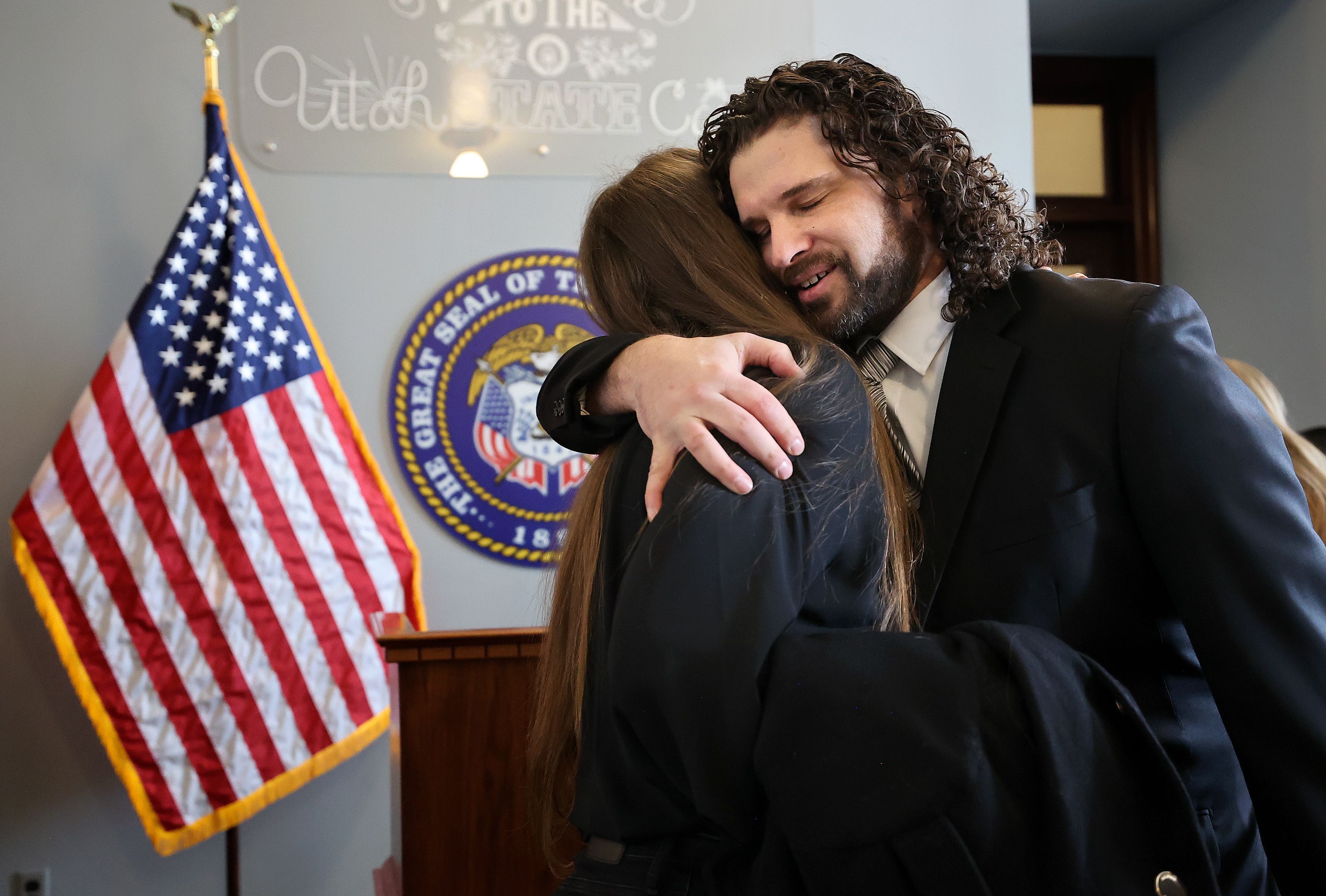 Pharmacist Kylee Shumway hugs Bridger Jensen, Utah Psilocybin Therapy’s executive director, after a press conference about SB200, Utah psilocybin therapy, at the Capitol in Salt Lake City, on Wednesday. Shumway was on a task force last legislative session to look at the safety and efficacy of psilocybin.