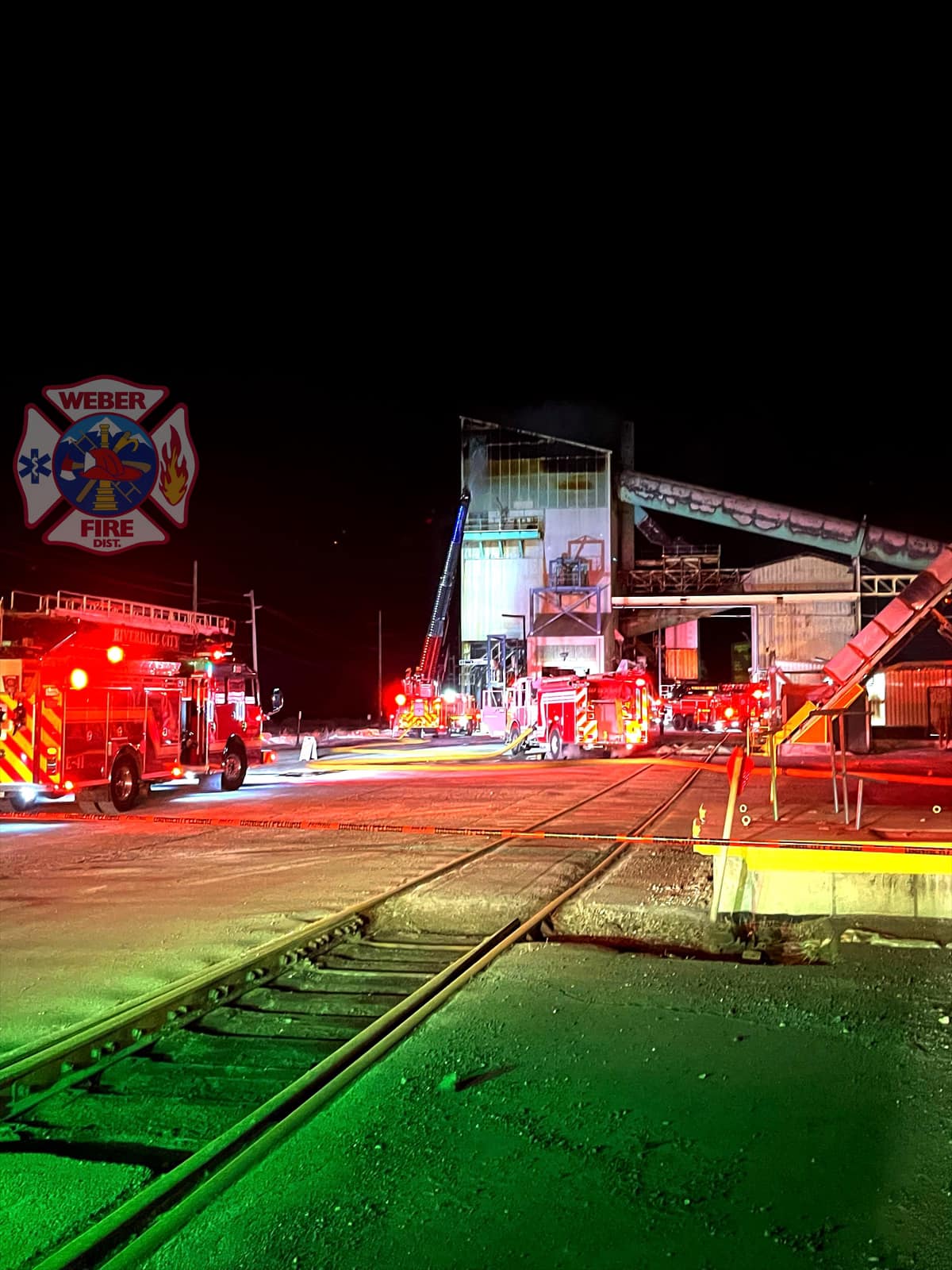 Firefighters respond to an industrial fire at Compass Minerals in western Weber County on Wednesday.