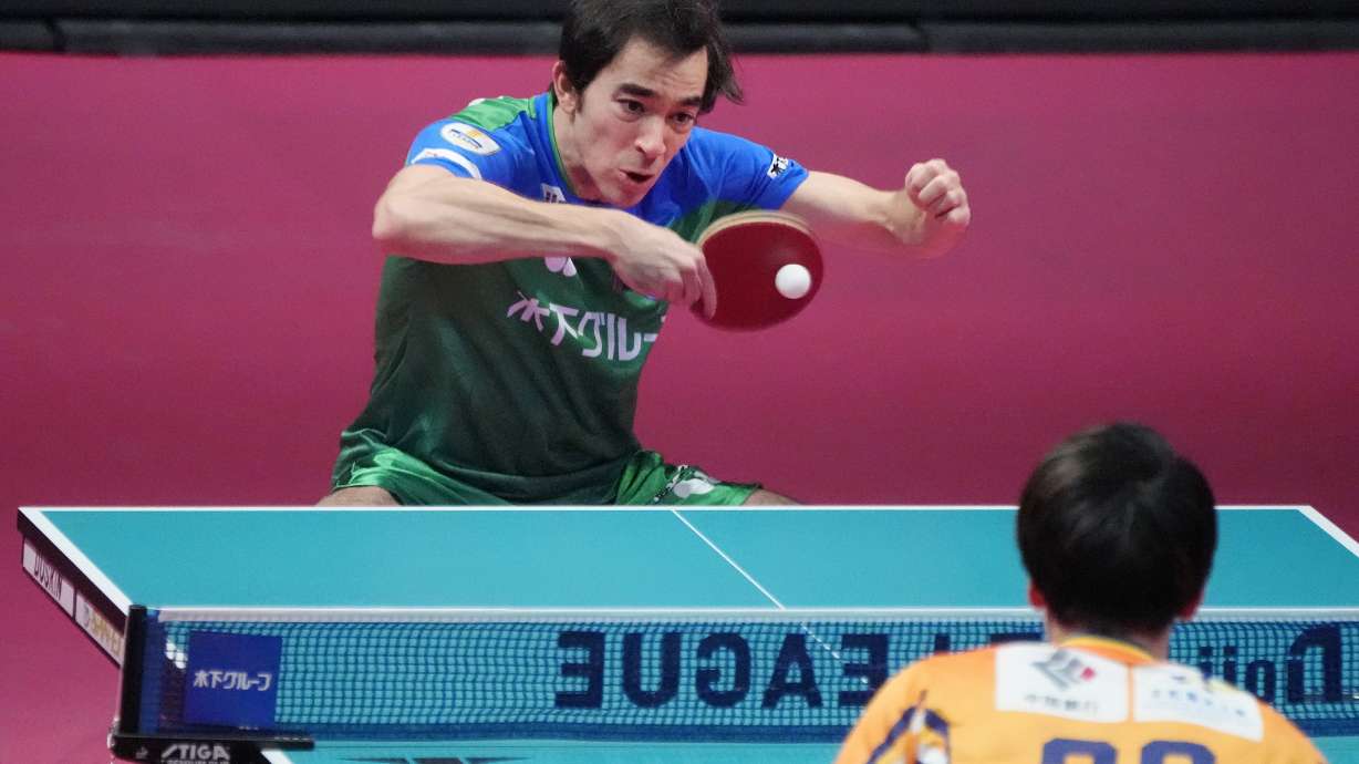 Brazil's Hugo Calderano competes against Hibiki Tazoe, during a WTT tournament table tennis match, Sunday, Feb. 12, 2023, in Kawasaki, near Tokyo. Calderano is No. 5 in the sport’s ranking, he reached No. 3 a year ago, and he's defeated many of the top Chinese including No. 1 Fan Zhendong.