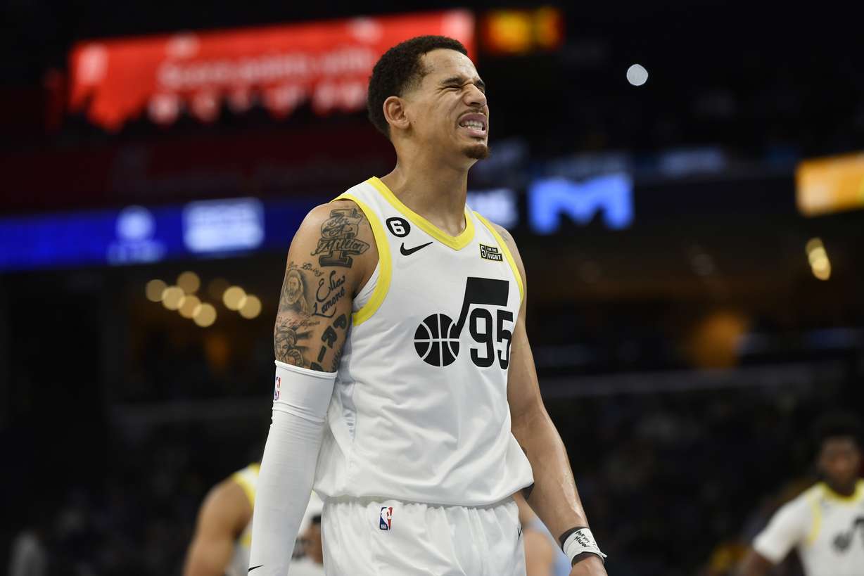 Utah Jazz forward Juan Toscano-Anderson (95) reacts in the second half of an NBA basketball game against the Memphis Grizzlies Wednesday, Feb. 15, 2023, in Memphis, Tenn.