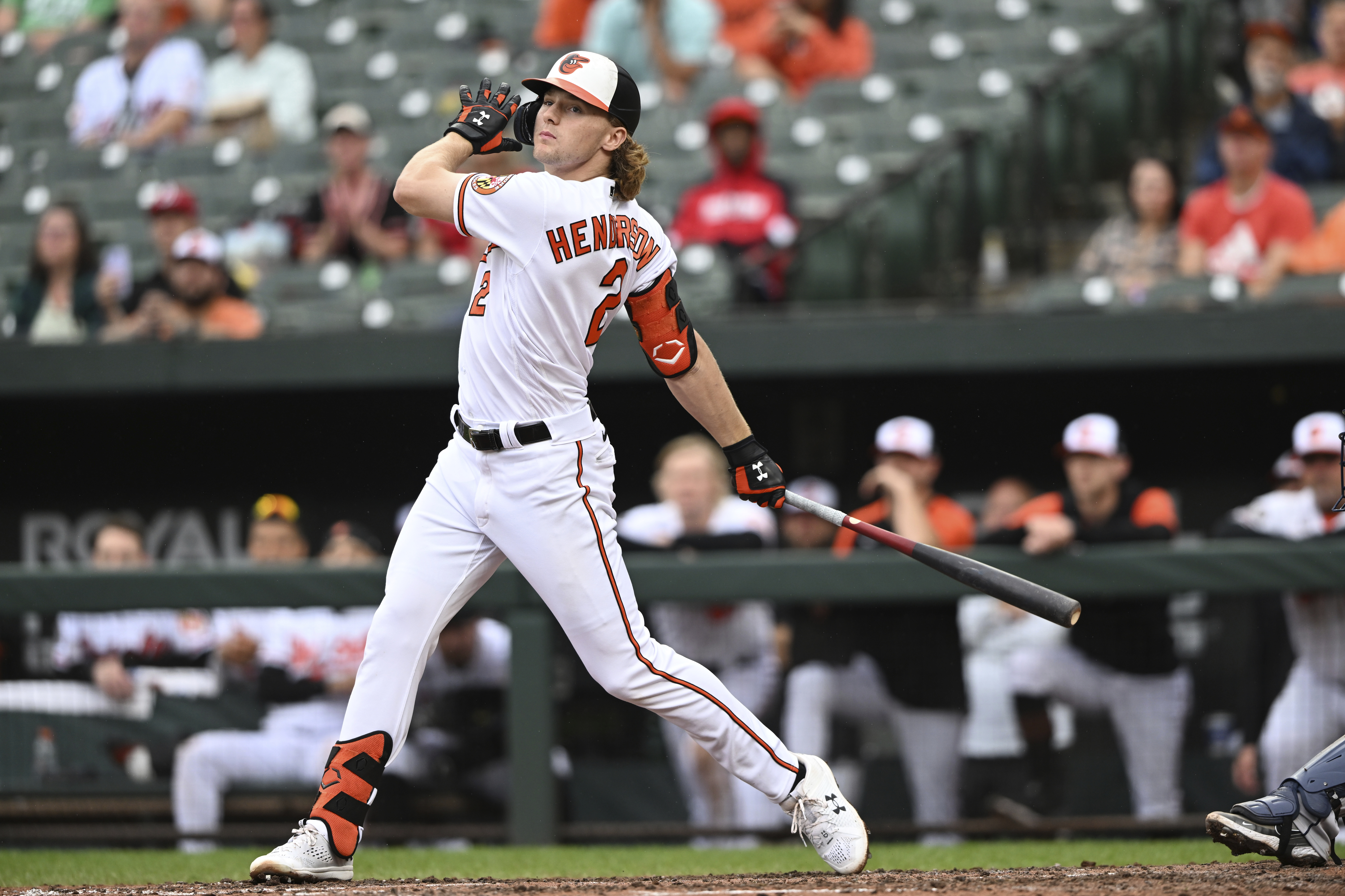 FILE - Baltimore Orioles' Gunnar Henderson bats against the Houston Astros in a baseball game, Sunday, Sept. 25, 2022, in Baltimore. Orioles infielder Gunnar Henderson and Arizona Diamondbacks outfielder Corbin Carroll are among the majors' most promising rookies heading into the season. 