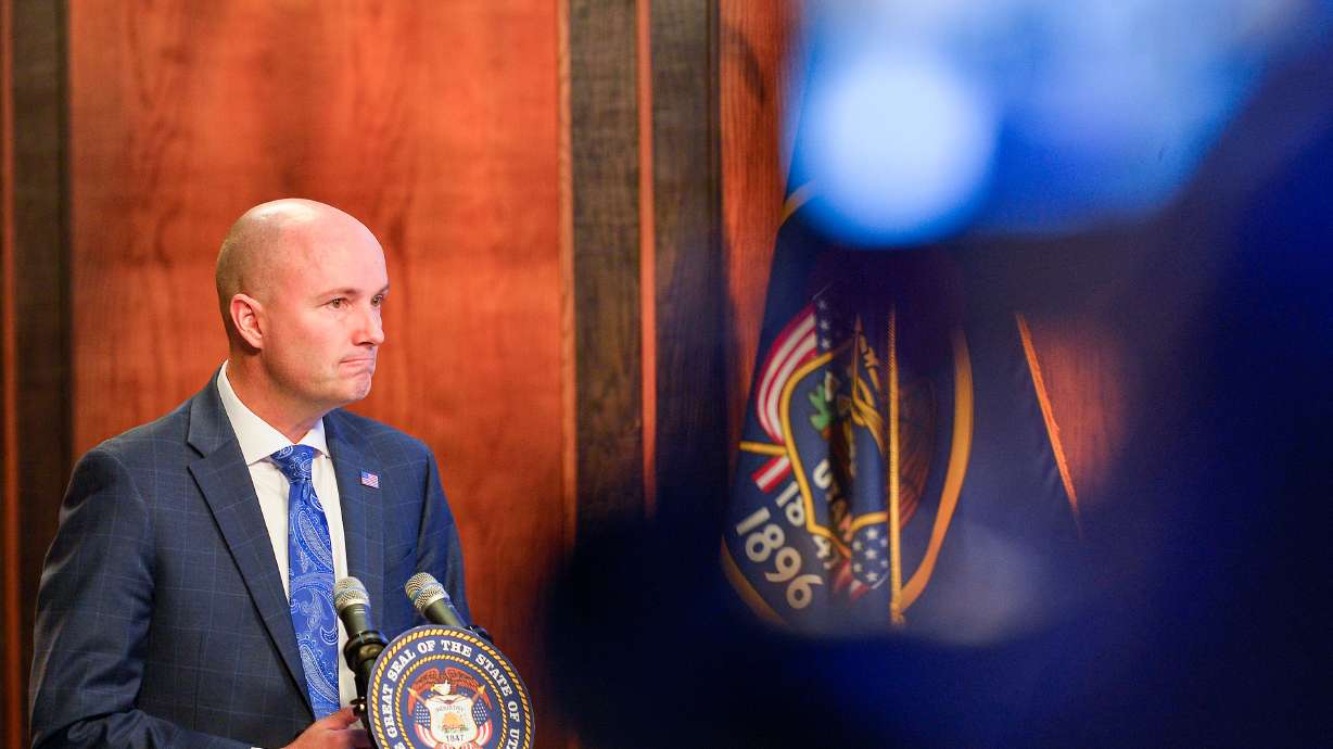 Gov. Spencer Cox holds his monthly news conference at PBS Utah in the Eccles Broadcast Center in Salt Lake City on Thursday.