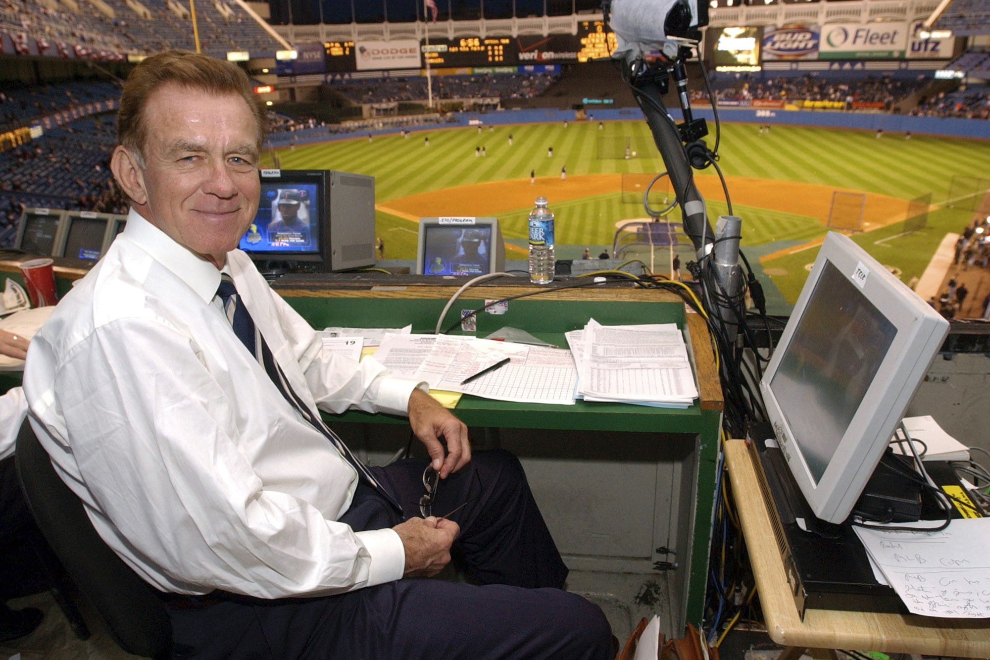 FILE - Baseball announcer Tim McCarver poses in the press box before the start of Game 2 of the American League Division Series on Oct. 2, 2003 in New York. McCarver, the All-Star catcher and Hall of Fame broadcaster who during 60 years in baseball won two World Series titles with the St. Louis Cardinals and had a long run as the one of the country's most recognized, incisive and talkative television commentators, died Thursday morning, Feb. 16, 2023, in Memphis, Tenn., due to heart failure, baseball Hall of Fame announced. He was 81. 
