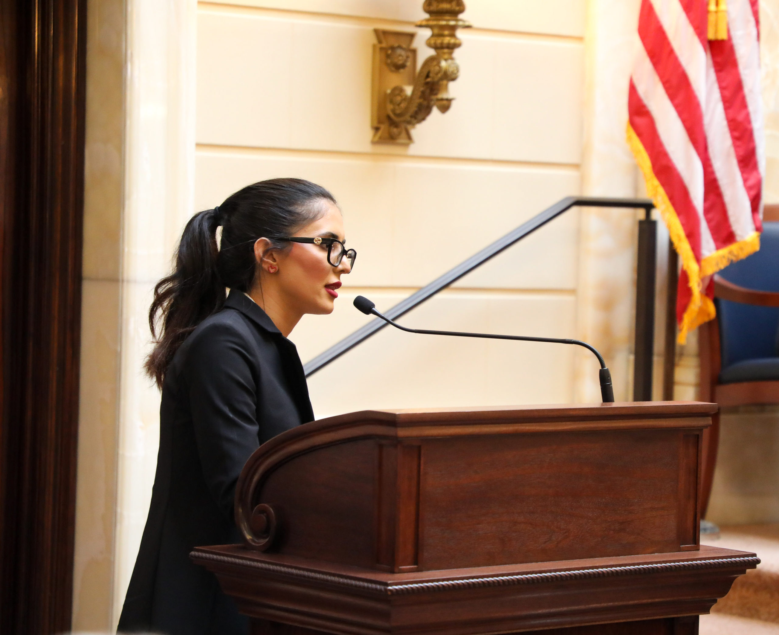 Afghan human rights activist Crystal Bayat speaks at the state Capitol in Salt Lake City on Wednesday after receiving the Warrior Award for her efforts to fight for women's rights in Afghanistan.