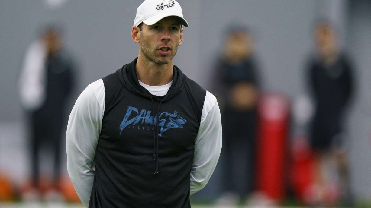 FILE - Philadelphia Eagles defensive coordinator Jonathan Gannon watches during NFL rookie football minicamp on May 6, 2022, in Philadelphia. The Arizona Cardinals have agreed to hire Gannon to be their next head coach, a person familiar with the decision told The Associated Press. The person spoke on condition of anonymity Tuesday, Feb. 14. 20243, because the deal hasn’t been completed