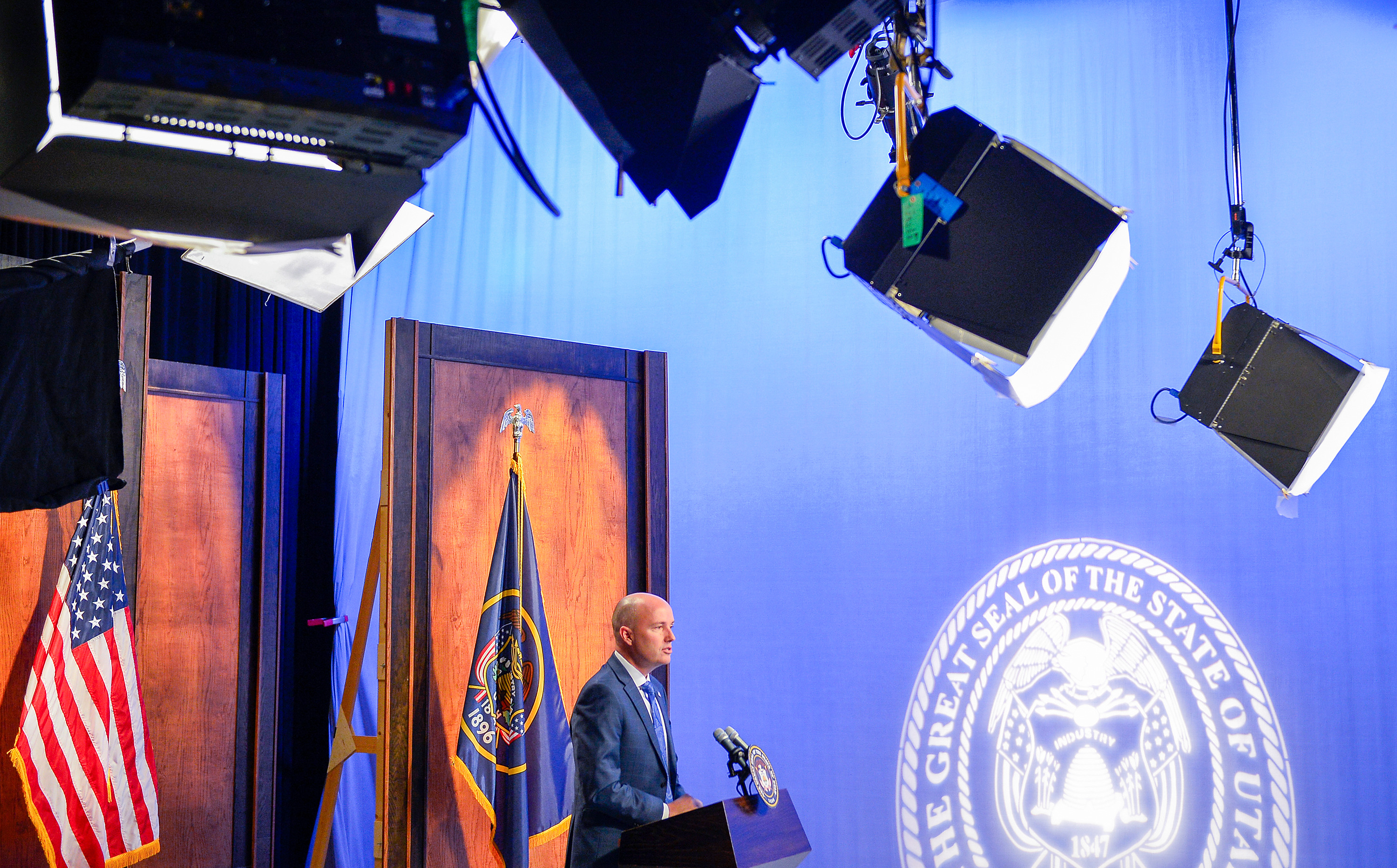 Utah Gov. Spencer Cox holds his monthly news conference at PBS Utah in the Eccles Broadcast Center in Salt Lake City on Thursday. Cox answered questions about various water topics during the event.