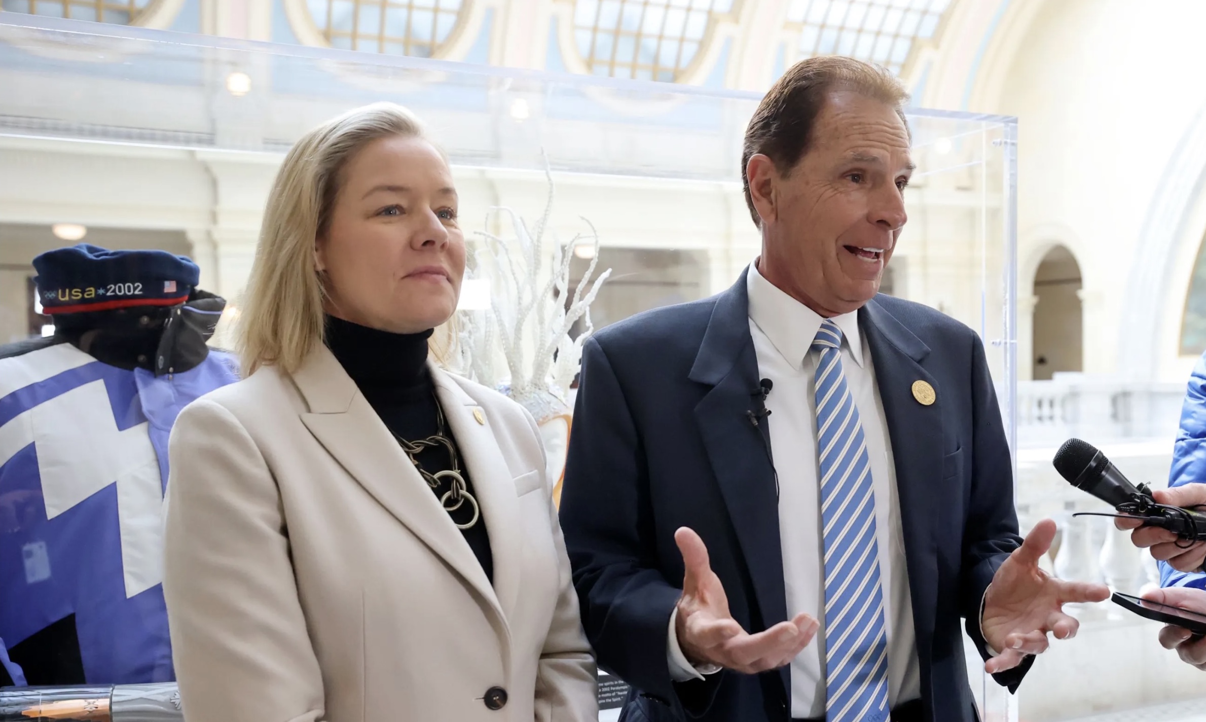 Sarah Hirshland, U.S. Olympic and Paralympic Committee president and CEO, and Fraser Bullock, Salt Lake City-Utah Committee for the Games president and CEO, talk to media members about hosting a future Olympics at the Capitol in Salt Lake City, on Thursday.