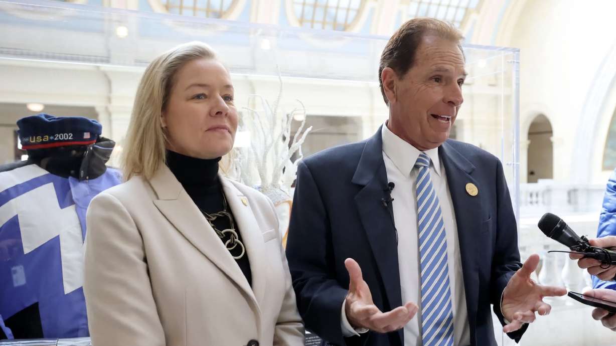 Sarah Hirshland, U.S. Olympic and Paralympic Committee president and CEO, and Fraser Bullock, Salt Lake City-Utah Committee for the Games president and CEO, talk to media members about hosting a future Olympics at the Capitol in Salt Lake City, on Thursday.