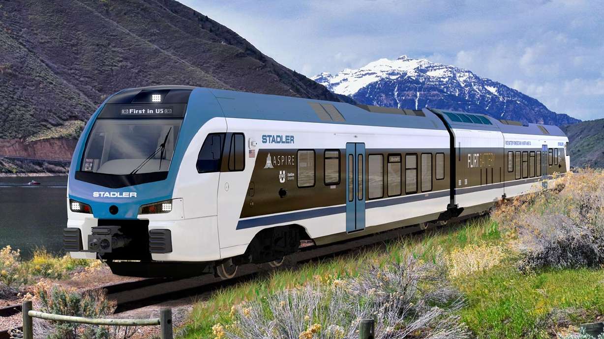 A rendering of a battery-powered Stadler Rail passenger train. Stadler is partnering with Utah State University to develop and test battery-powered passenger trains in North America.