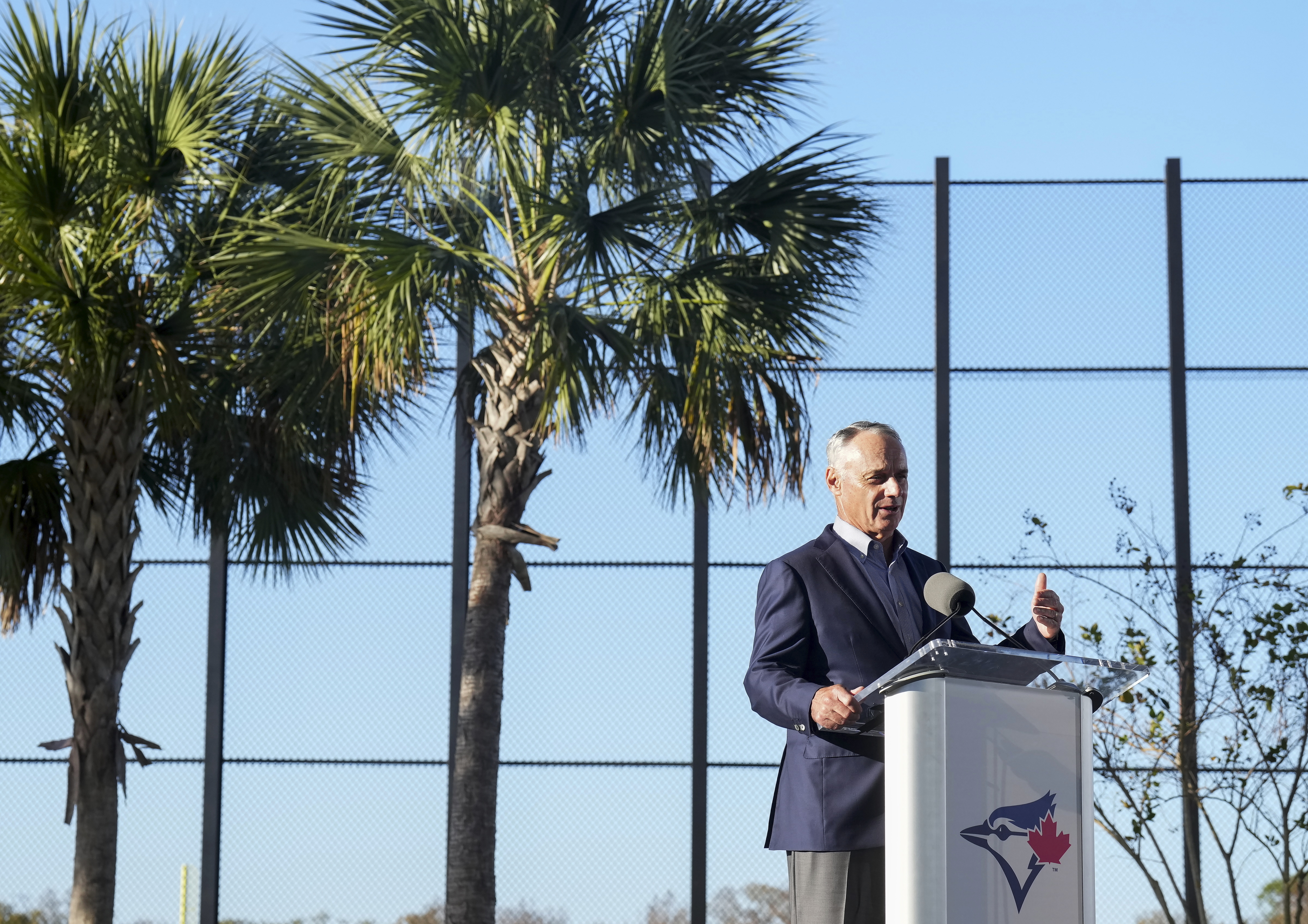 MLB Commissioner Rob Manfred speaks to the media and answers questions during baseball spring training in Dunedin, Fla., Thursday, Feb. 16, 2023. 
