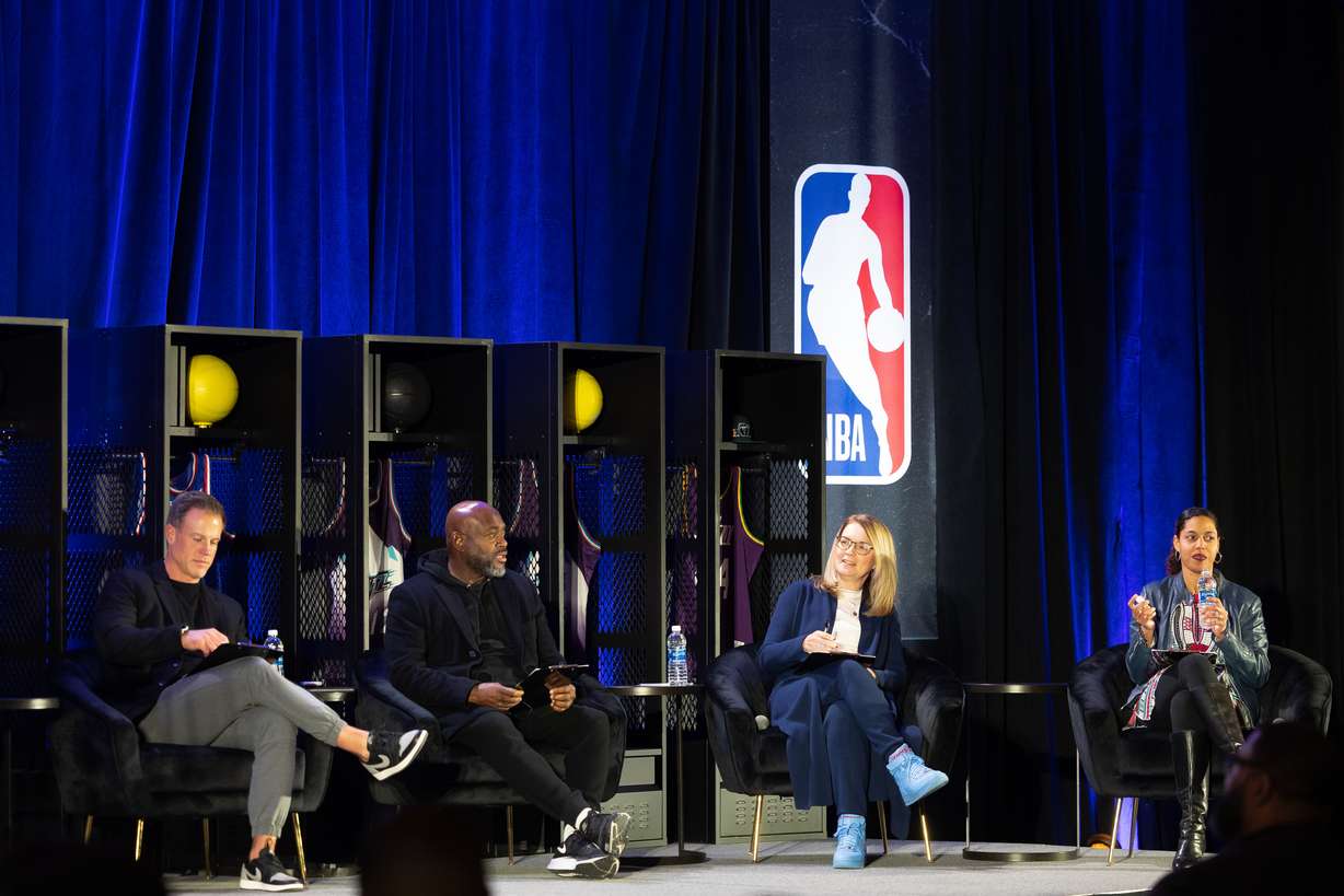 Utah Jazz Minority owner Ryan Sweeney, UnitedMasters and Translation founder and CEO Steve Stoute, American Express Chief Marketing Officer Elizabeth Rutledge and Beta Boom managing partner Kimmy Paluch, left to right, sit during the NBA Foundation Pitch Competition at the Salt Palace Convention Center in Salt Lake City on Thursday.