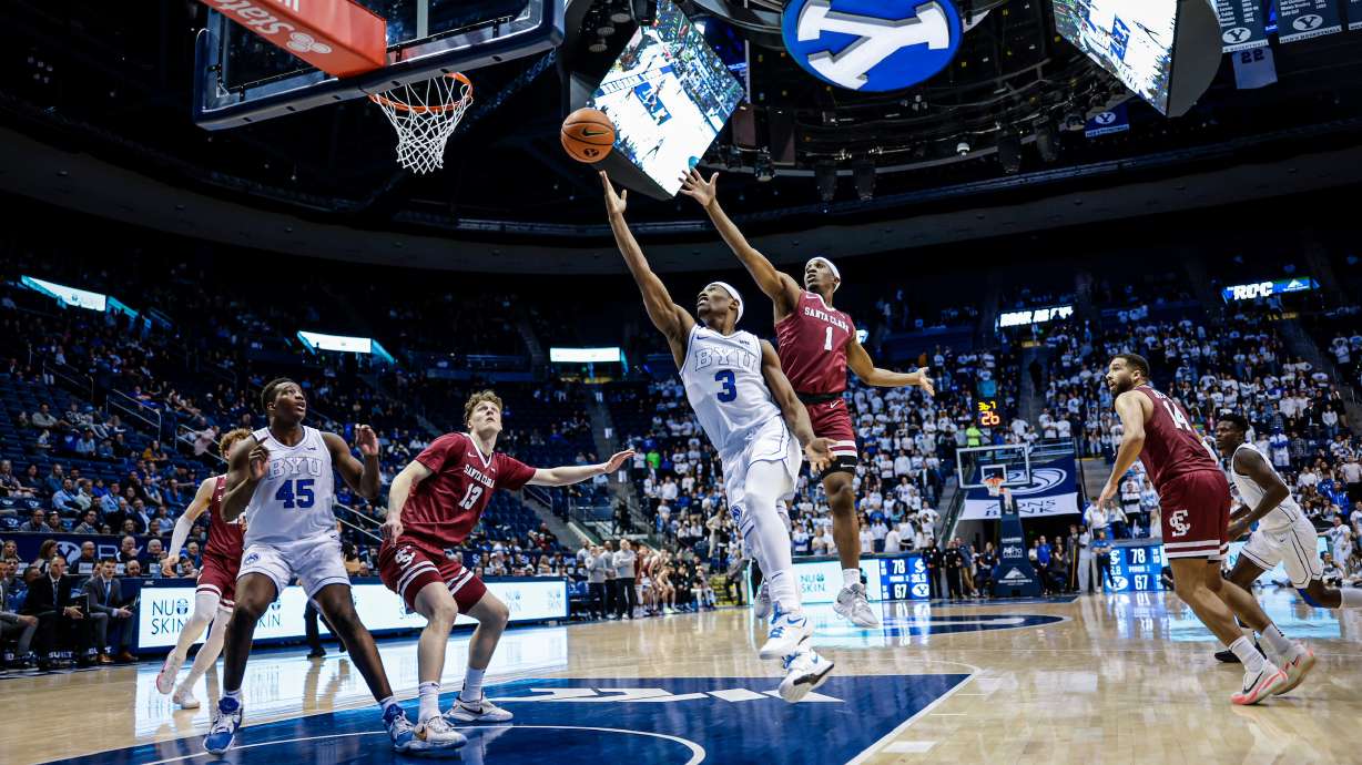 BYU guard Rudi Williams drives to the rim against Santa Clara, Thursday, Feb. 16, 2023 at the Marriott Center in Provo.