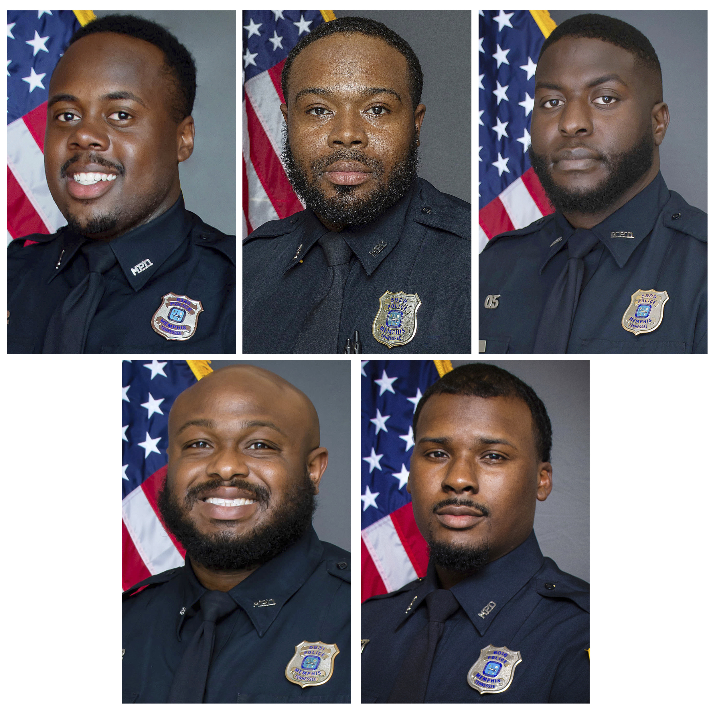 This combination of images provided by the Memphis, Tenn., Police Department shows, from top row from left, Police Officers Tadarrius Bean, Demetrius Haley, Emmitt Martin III, bottom row from left, Desmond Mills, Jr. and Justin Smith. The five former Memphis police officers were scheduled Friday, to make their first court appearance on murder and other charges in the violent arrest and death of Tyre Nichols.