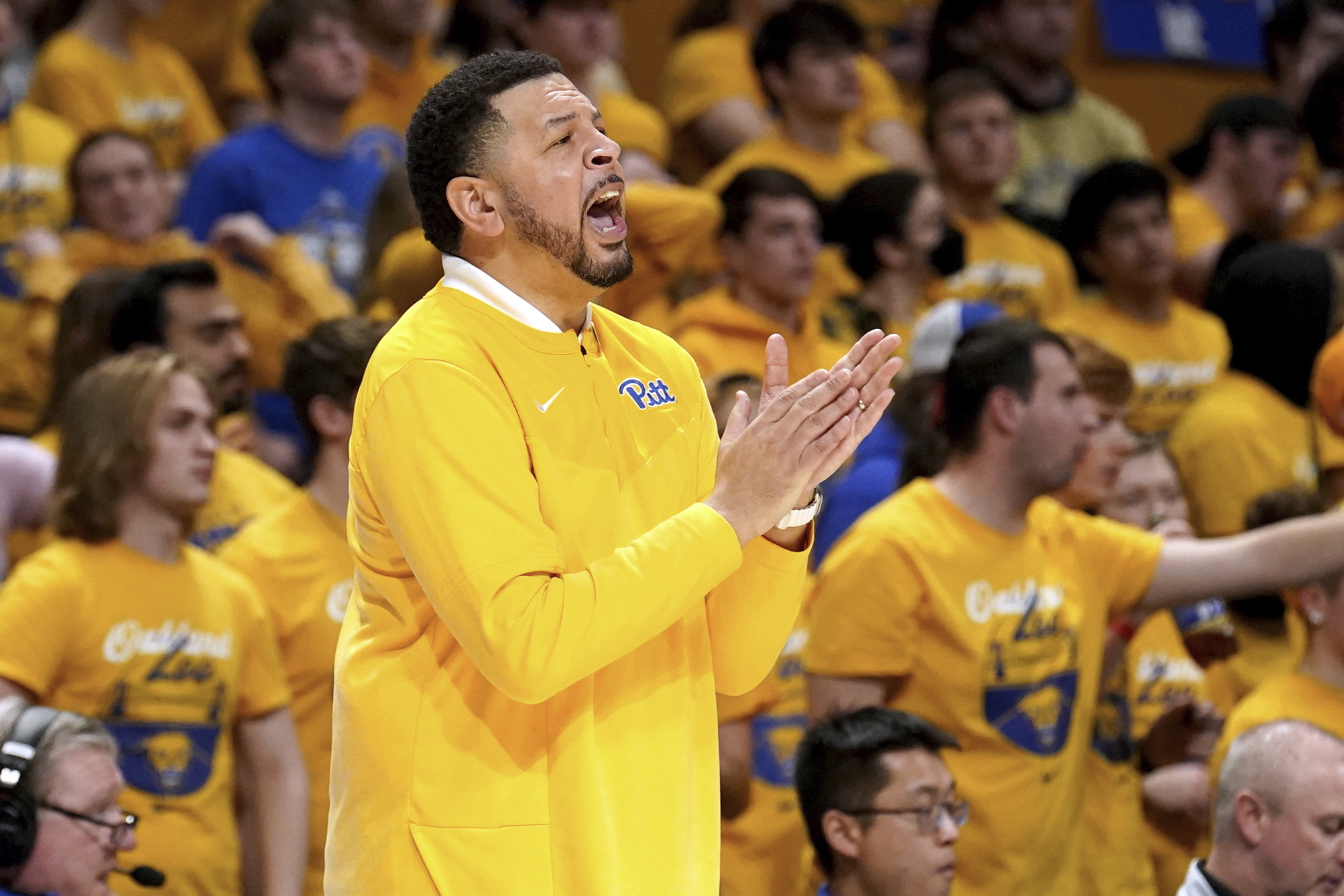 Pittsburgh head coach Jeff Capel reacts to a play as his team takes on Boston College during the first half of an NCAA college basketball game in Pittsburgh, Tuesday, Feb. 14, 2023. 