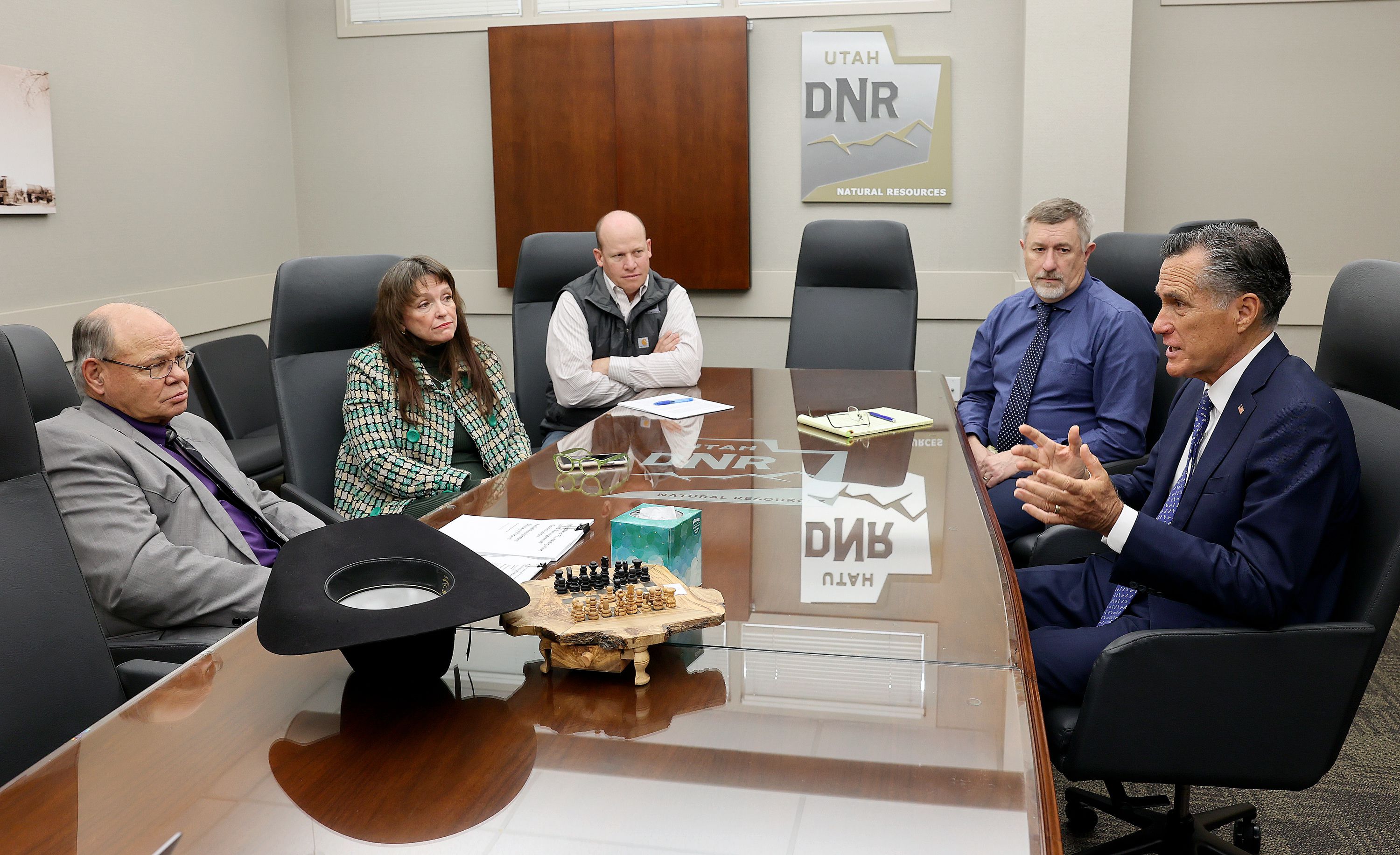Sen. Mitt Romney, R-Utah, meets with members of the federal Wildland Fire and Mitigation Commission, which he helped establish, at the Utah Department of Natural Resources in Salt Lake City, on Friday.