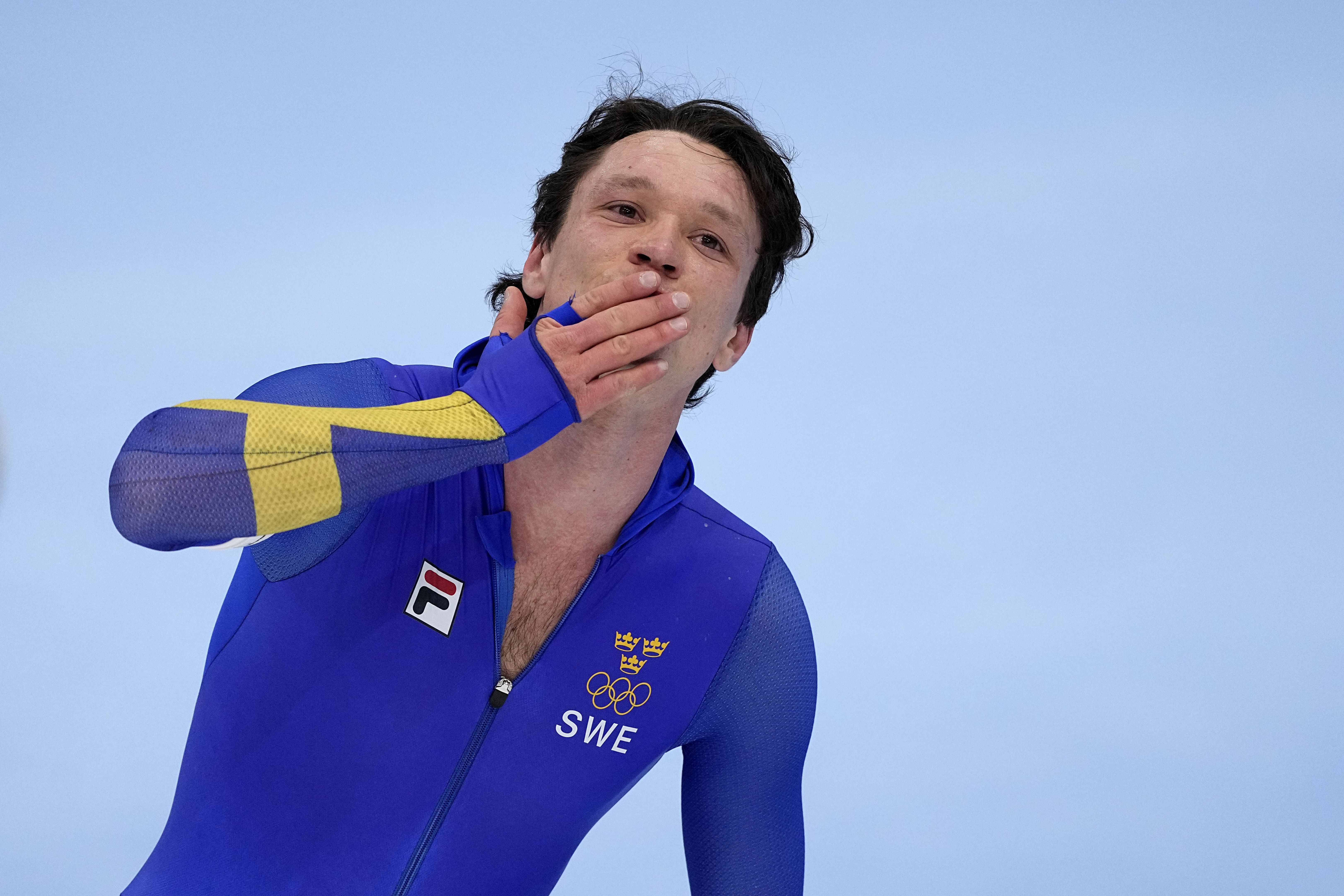 Nils van der Poel of Sweden reacts after breaking his own world record in the men’s speedskating 10,000-meter race at the 2022 Winter Olympics, on Feb. 11, 2022, in Beijing. For an ailing search for a 2030 Olympics host now to have Sweden emerge as frontrunner is a surprise in Stockholm and elsewhere.
