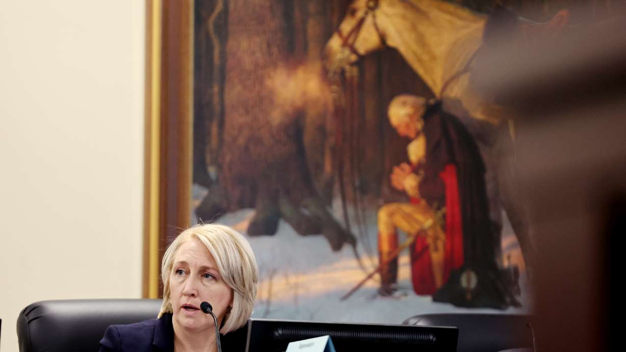 Rep. Karianne Lisonbee, R-Syracuse, asks a question to Rep. Kera Birkeland, R-Morgan, during discussion on HB297 in the House Judiciary committee at the Capitol on Wednesday.