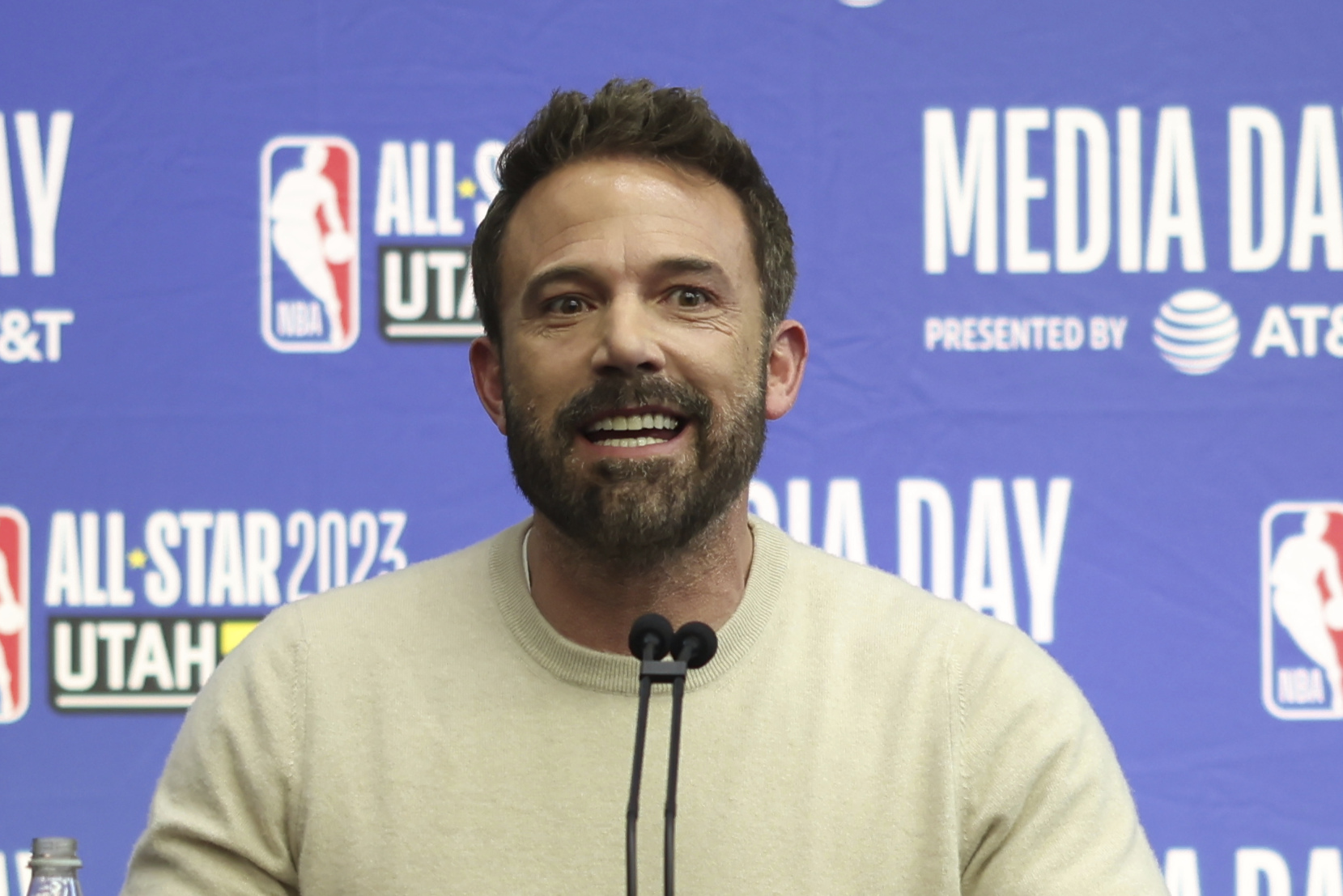 Actor, writer and director Ben Affleck addresses the media regarding his new Michael Jordon movie "Air" at an NBA basketball All-Star event Friday, Feb. 17, 2023, in Salt Lake City. 