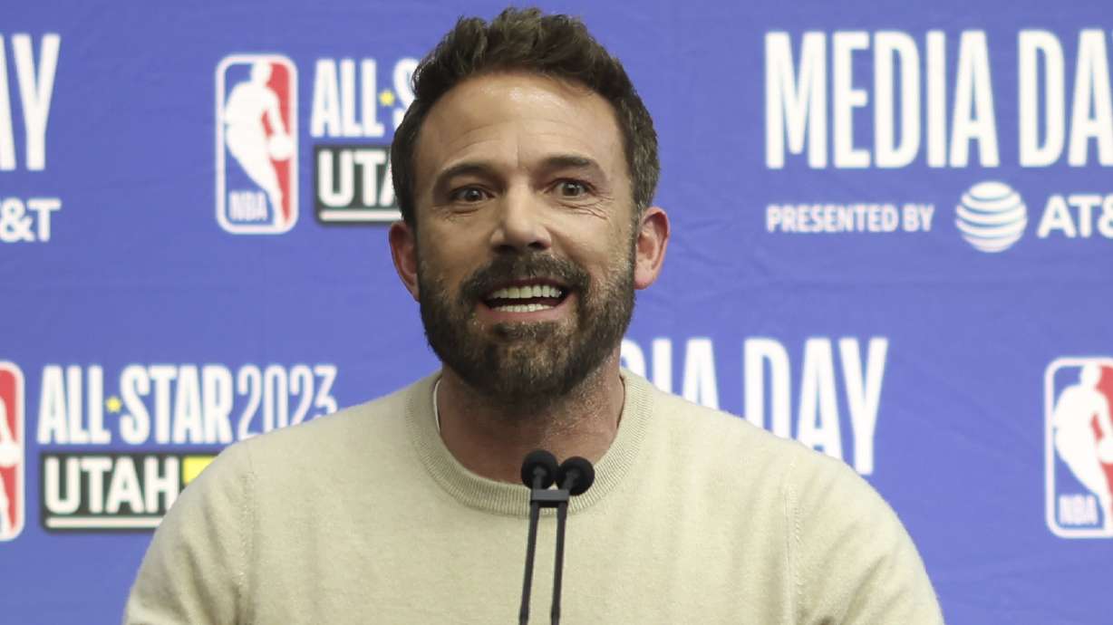 Actor, writer and director Ben Affleck addresses the media regarding his new Michael Jordon movie "Air" at an NBA basketball All-Star event Friday, Feb. 17, 2023, in Salt Lake City.