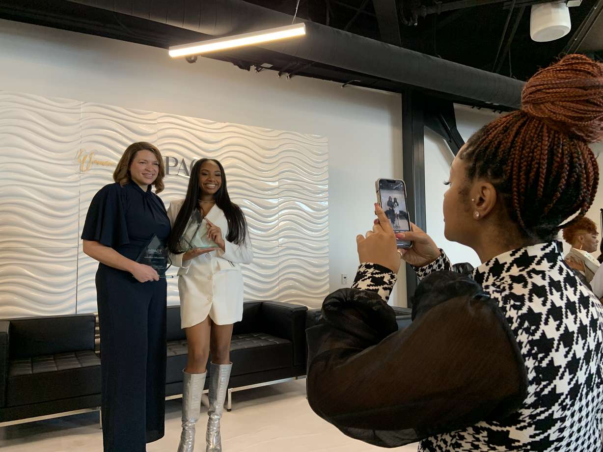 Utah Jazz chief experience officer Andrea Williams, left, and Jazz digital content reporter and producer Nayo Campbell pose for a photo at the NBA All-Star Women of IMPACT Honorary Brunch and Cover Release Party at Spyhop Rooftop in Salt Lake City, on Friday.