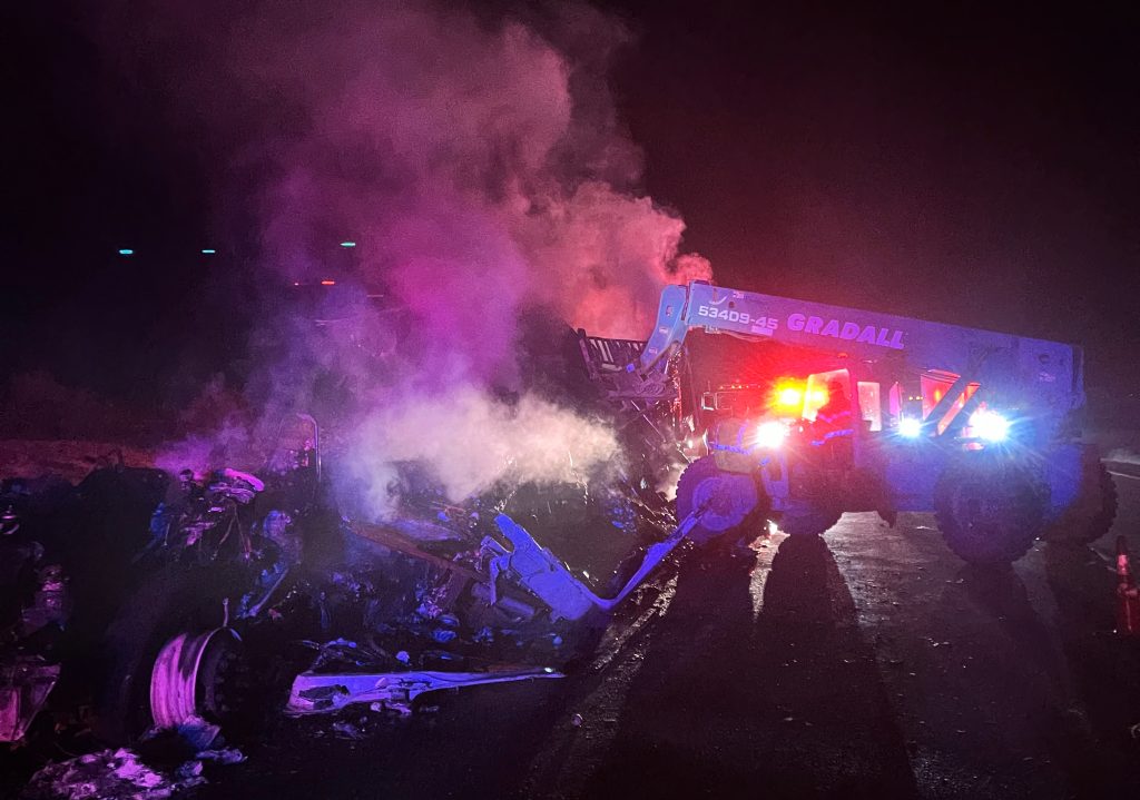 A semitruck loaded with onions is destroyed when the vehicle catches fire on southbound I-15 just south of the Utah-Arizona border in Mohave County, Ariz., Wednesday.