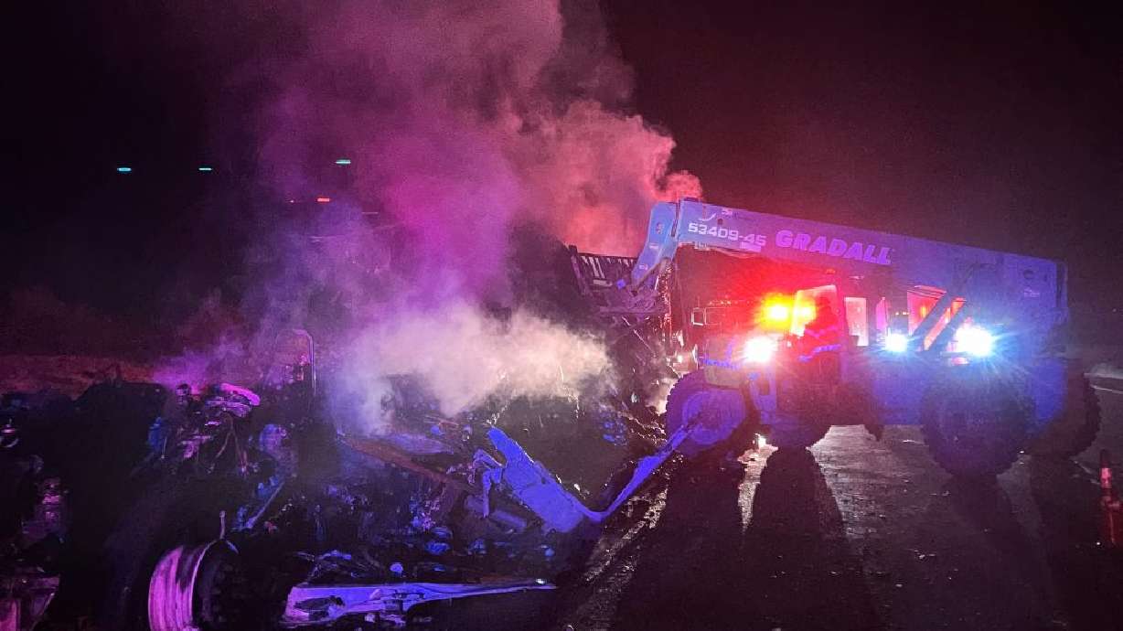 A semitruck loaded with onions is destroyed when the vehicle catches fire on southbound I-15 just south of the Utah-Arizona border in Mohave County, Ariz., Wednesday.
