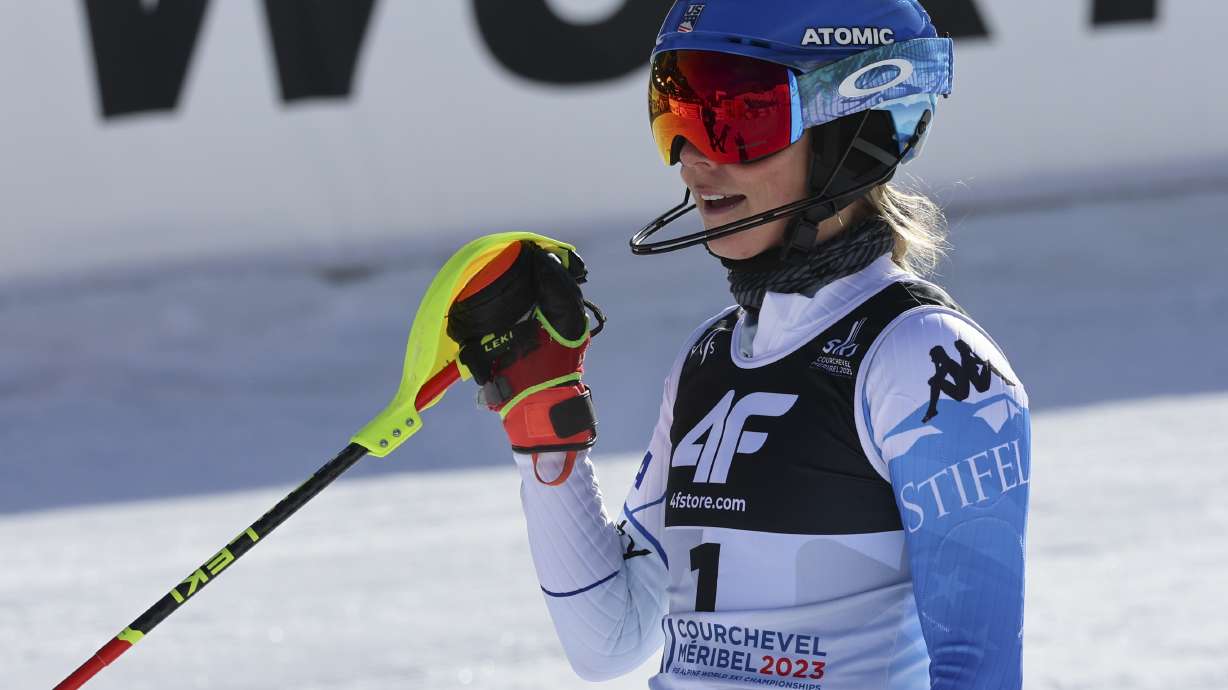 United States' Mikaela Shiffrin gets to the finish area after completing the women's World Championship slalom, in Meribel, France, Saturday Feb. 18, 2023.