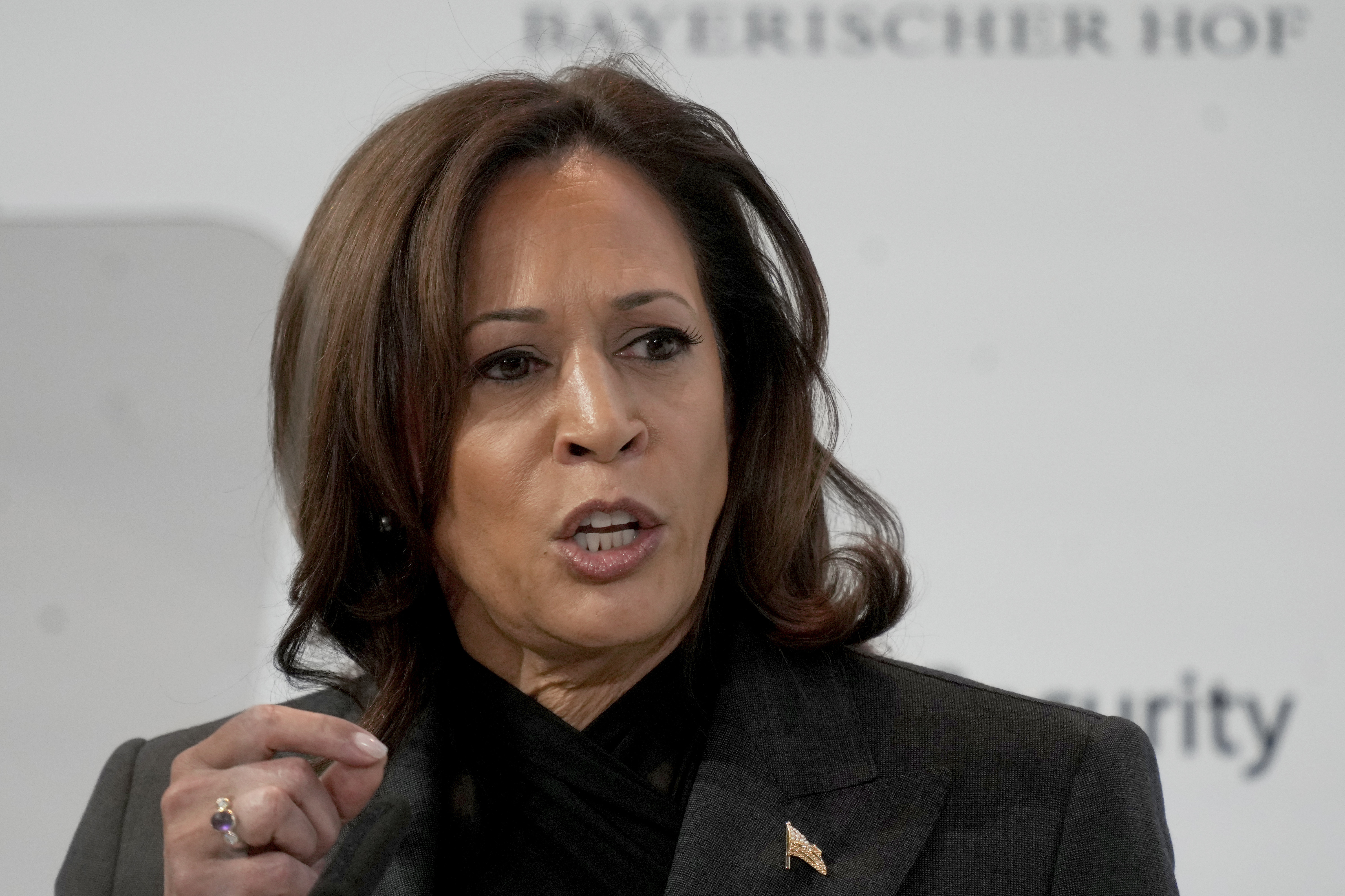U.S. Vice President Kamala Harris speaks at the Munich Security Conference in Munich, Saturday. The 59th Munich Security Conference is taking place from Friday to Monday, Feb. 19,  at the Bayerischer Hof Hotel in Munich. 
