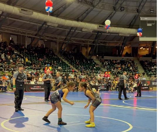 Twin sisters Line and Losa Nau Rarick, who are 7, face off at the national championship wrestling match earlier this year. Losa, who won last year, gave up to give her sister the title.