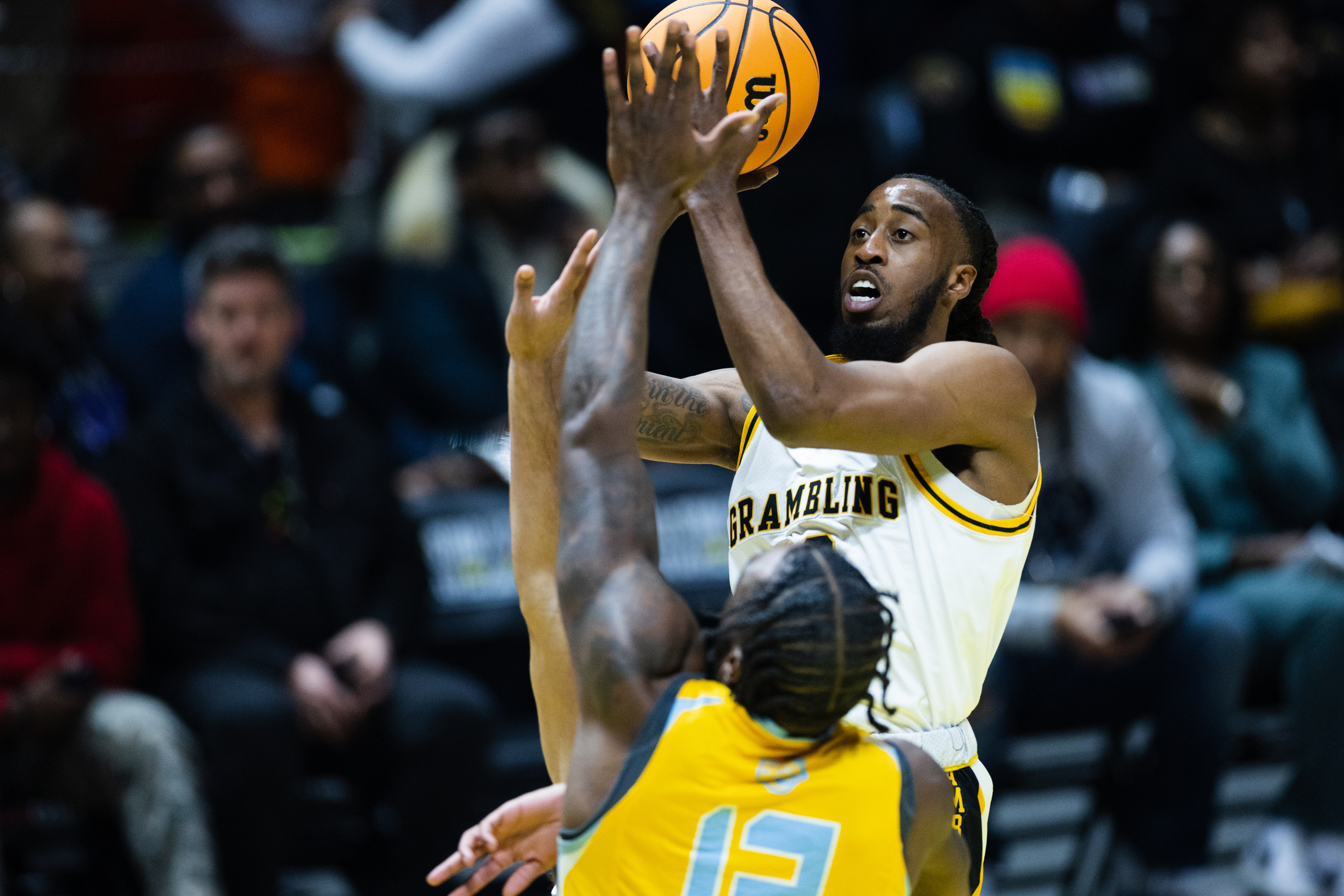 Grambling State Tigers guard Shawndarius Cowart (10) lays the ball up during the NBA HBCU Classic at the Huntsman Center in Salt Lake City on Feb. 18, 2023.