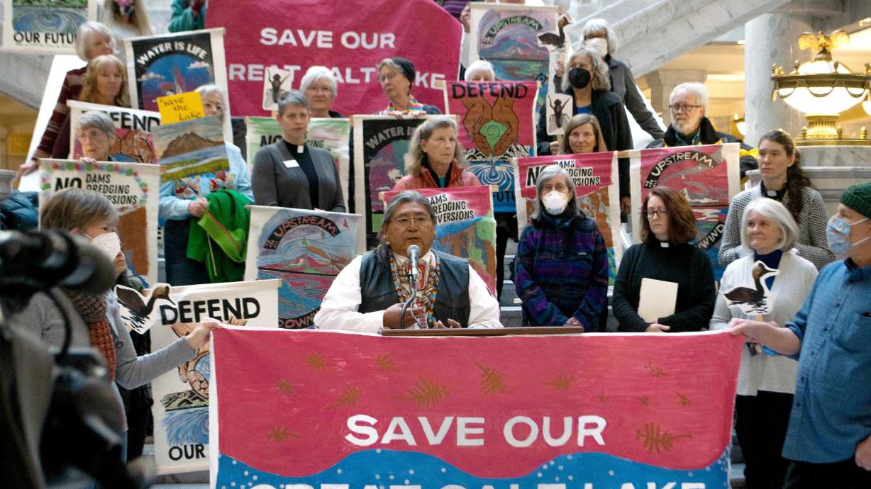 Spiritual leader Rios Pacheco of the Northwestern Band of the Shoshone Nation speaks about the importance of the Great Salt Lake to his community during an event on Feb. 16 at the Capitol in Salt Lake City.