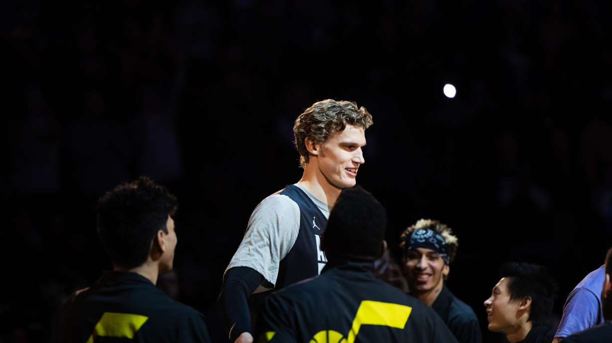 Utah Jazz forward Lauri Markkanen is introduced during the NBA All-Star 2023 practice at the Huntsman Center in Salt Lake City on Feb. 18, 2023.