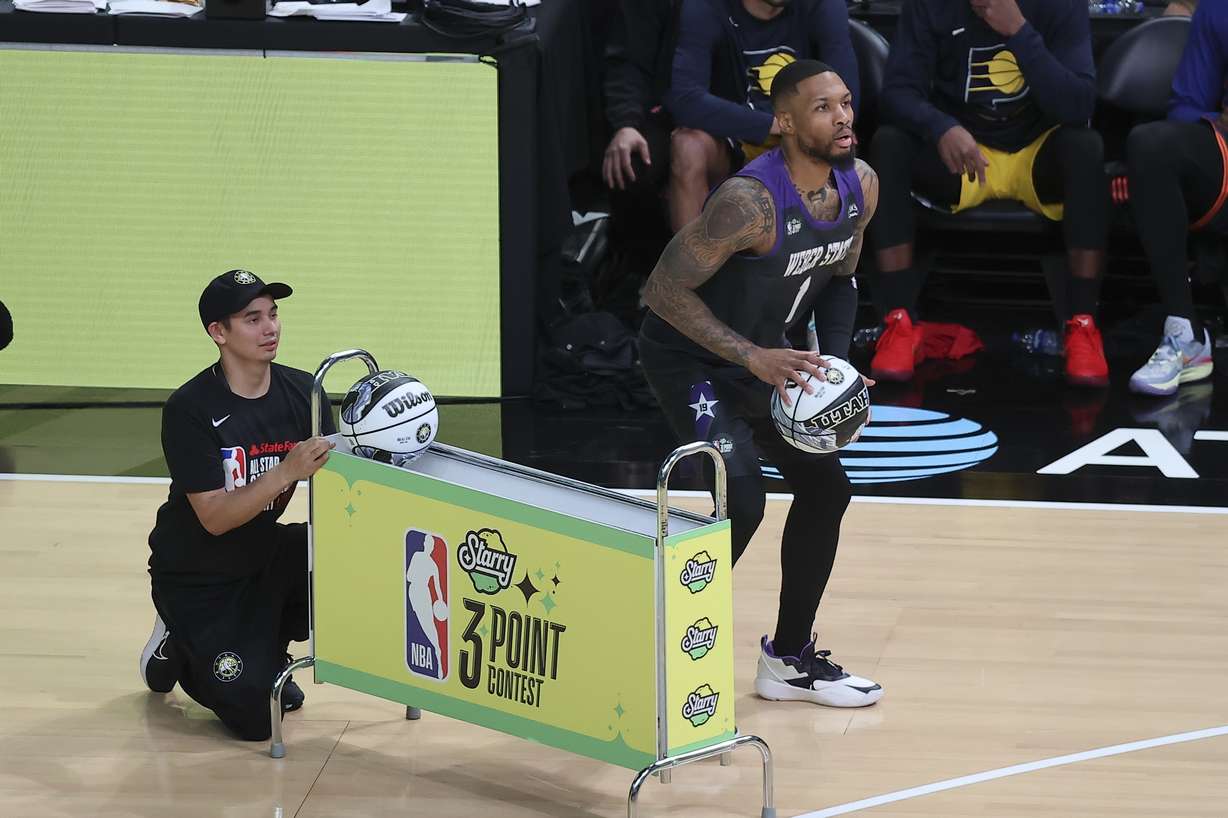 Damian Lillard, of the Portland Trail Blazers, participates in the 3-point contest on Saturday, Feb. 18, 2023, in Salt Lake City.