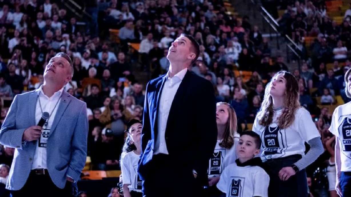 Utah State scoring leader Jaycee Carroll was honored with a jersey retirement in front of a sold-out Spectrum crowd on Saturday night.