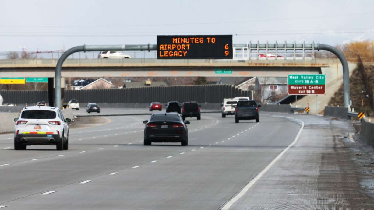 A highway sign in Taylorsville along I-215 on Feb. 14. The Utah Department of Transportation stopped displaying jokes on its electronic signs.