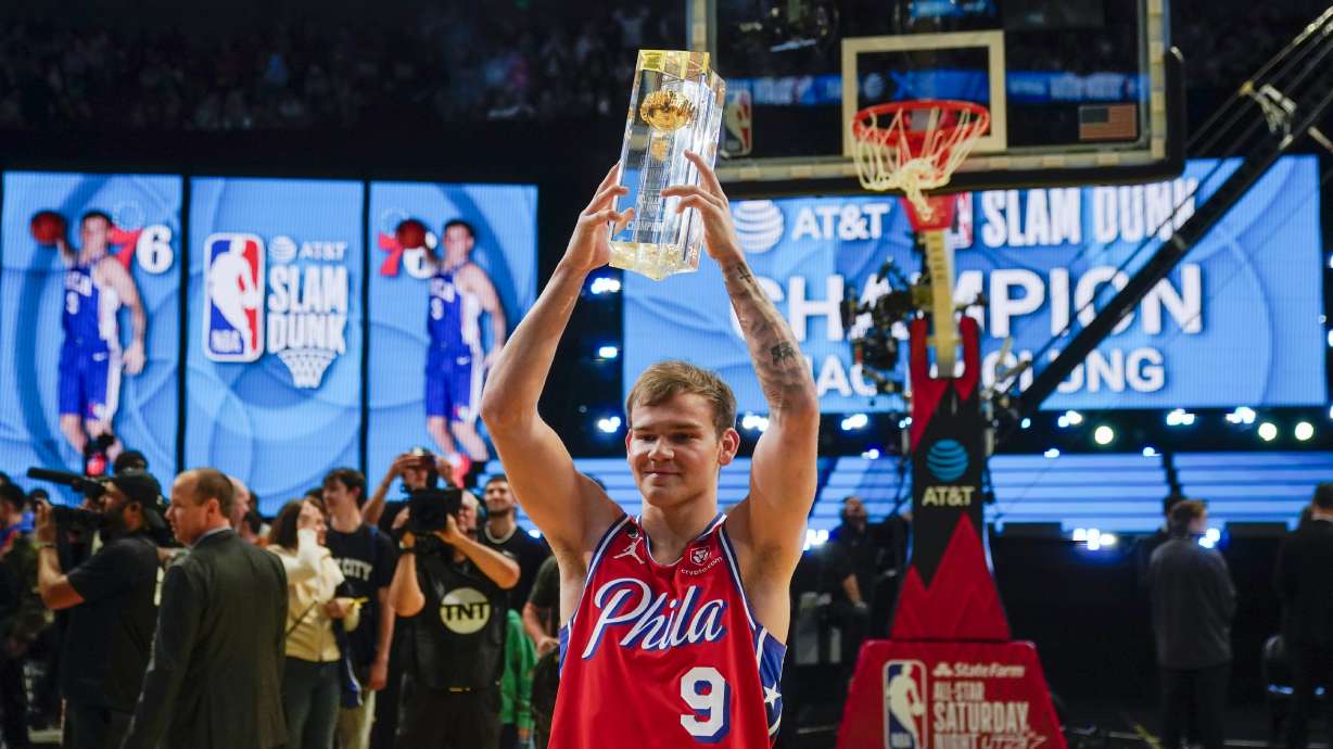 Mac McClung of the Philadelphia 76ers reacts after winning the slam dunk competition of the NBA basketball All-Star weekend Saturday, Feb. 18, 2023, in Salt Lake City.