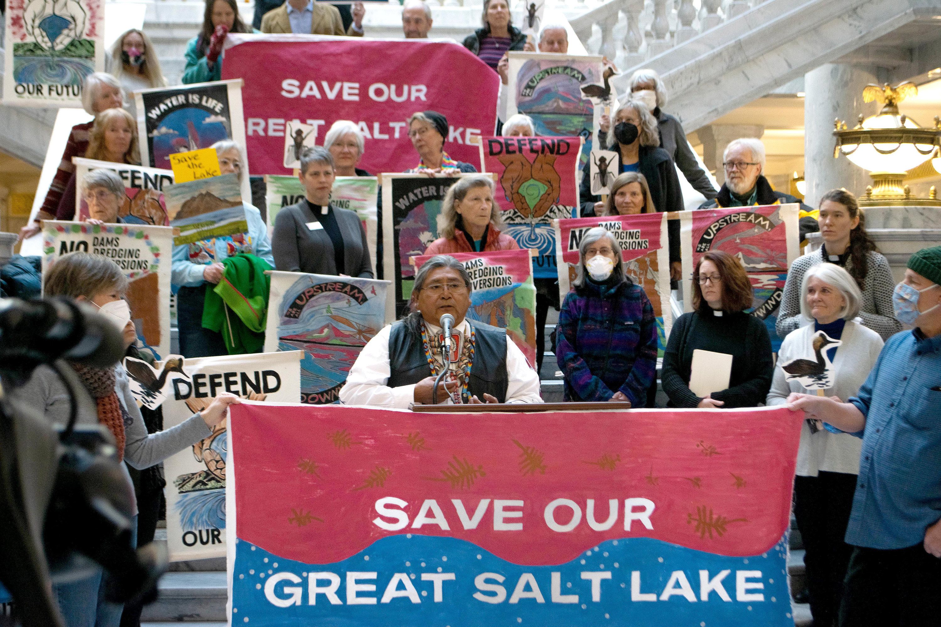 Spiritual leader Rios Pacheco of the Northwestern Band of the Shoshone Nation speaks about the importance of the Great Salt Lake to his community during an event on Thursday at the Capitol in Salt Lake City.