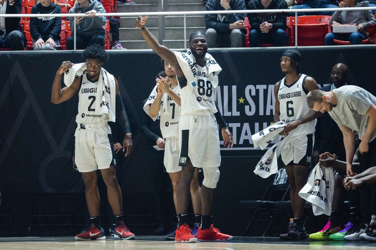 Stockton Kings forward Neemias Queta celebrates after a point during the NBA G League Next Up game at the Huntsman Center in Salt Lake City on Feb. 19, 2023.