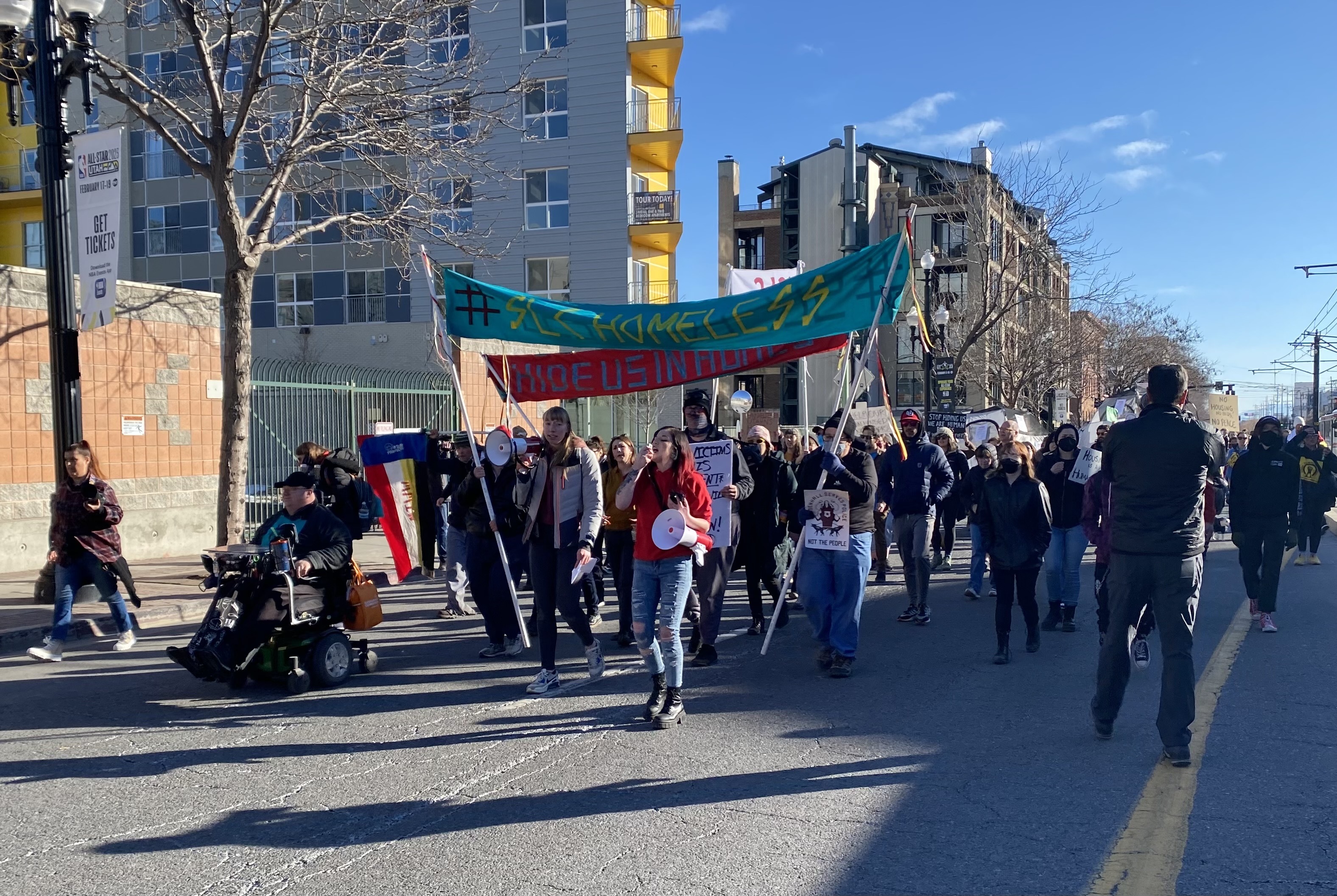 A protest regarding the treatment of Salt Lake City's homeless was held on Sunday. It began at Pioneer Park and navigated road closures for the NBA All-Star Weekend, before stopping on a corner outside of Vivint Arena.