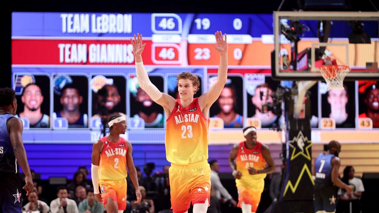 Utah Jazz forward Lauri Markkanen celebrates a basket during the NBA All-Star Game at Vivint Arena Sunday Feb. 19, 2023.